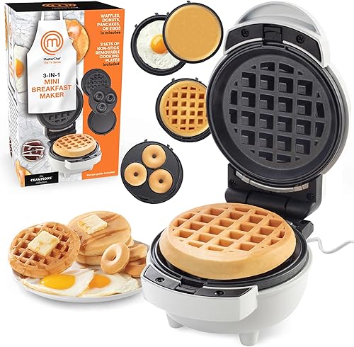 MasterChef Mini máquina de desayuno navideño 3 en 1 haz huevos, panqueques, donas, gofres y más en 1 electrodoméstico fácil de usar. 3 platos de