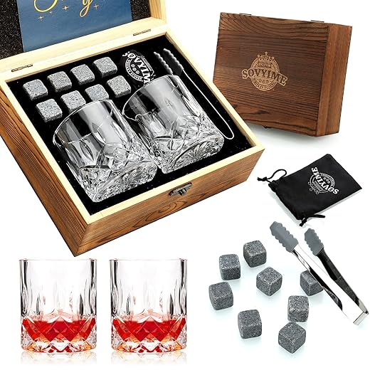 Whiskey Stones Gifts for Men, Groomsmen Gifts, Granite Chilling Stones Bourbon Whiskey Glasses Set, Unique Birthday Gifts for Men Christmas Father's Day Valentine Retirement