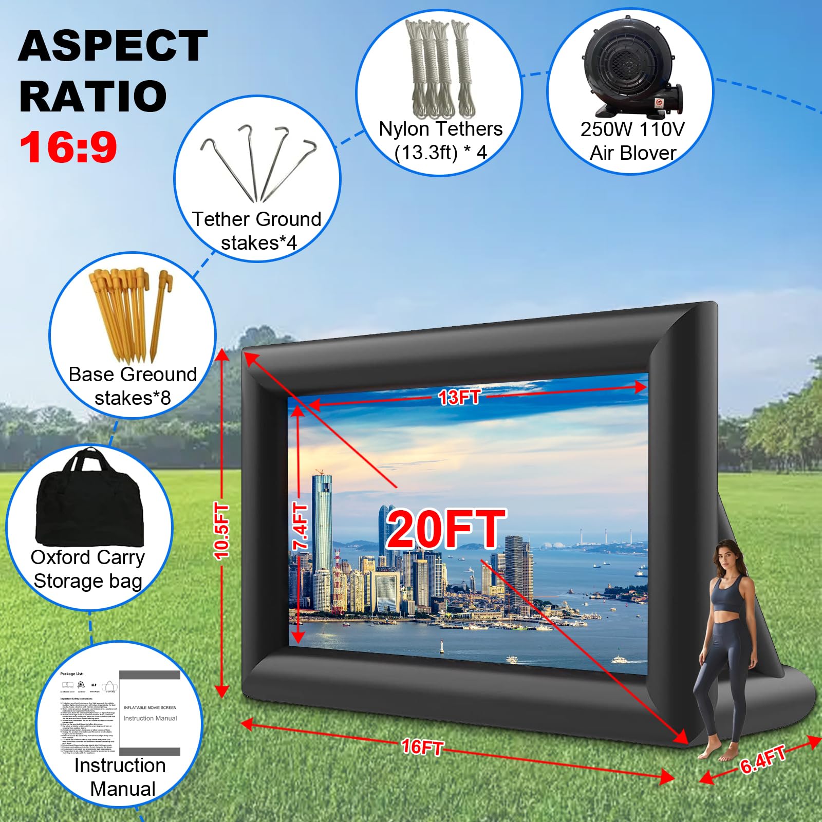 GYUEM Schermo cinematografico gonfiabile portatile da 6,1 m – Enorme schermo di proiezione cinematografico soffiato ad aria con corda, ventilatore, paletti per tenda, proiezione anteriore e