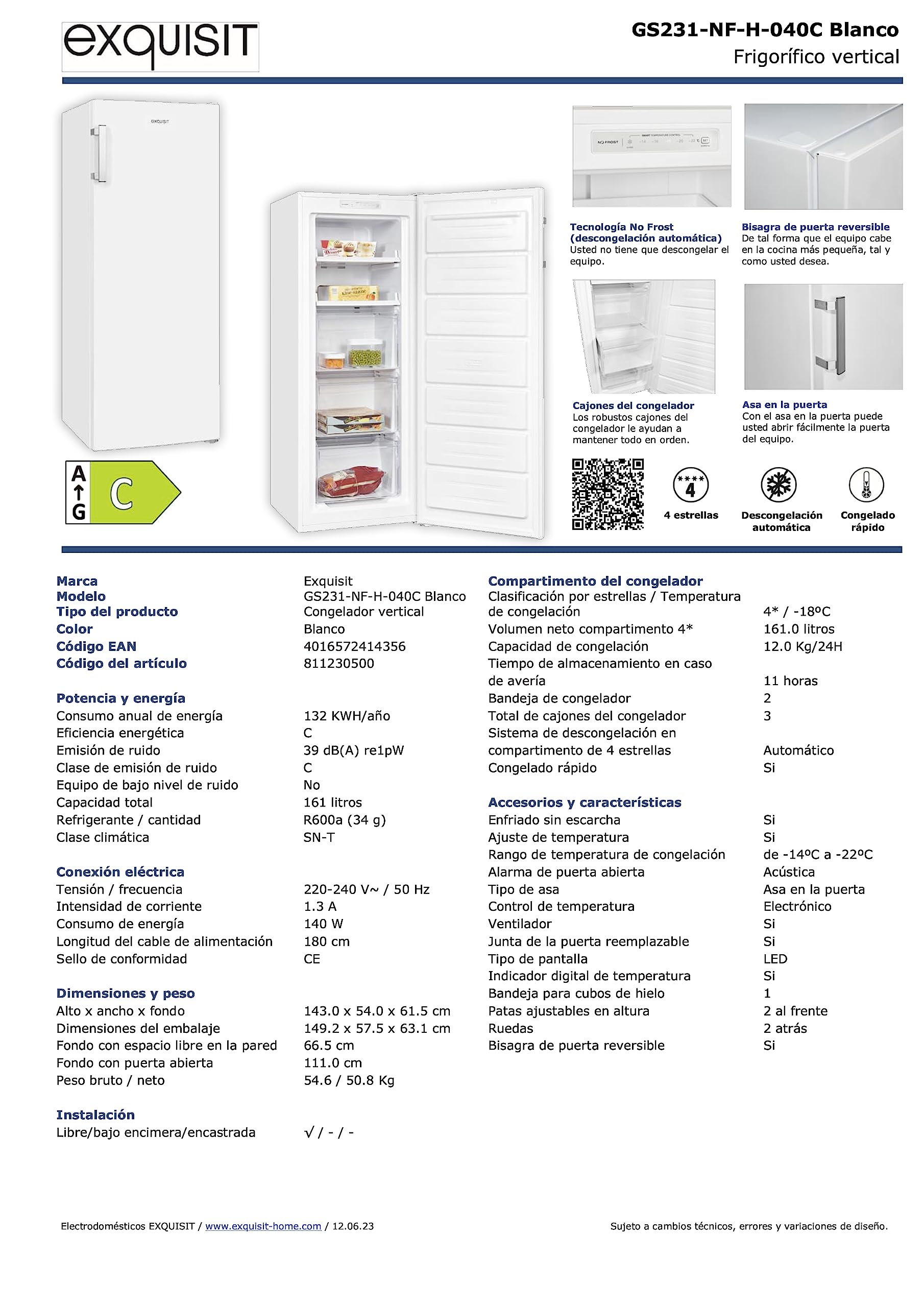 Exquisit Gefrierschank GS231-NF-H-040C weiss | 161l Nutzinhalt | NoFrost | LED-Anzeige | Umluftkühlung