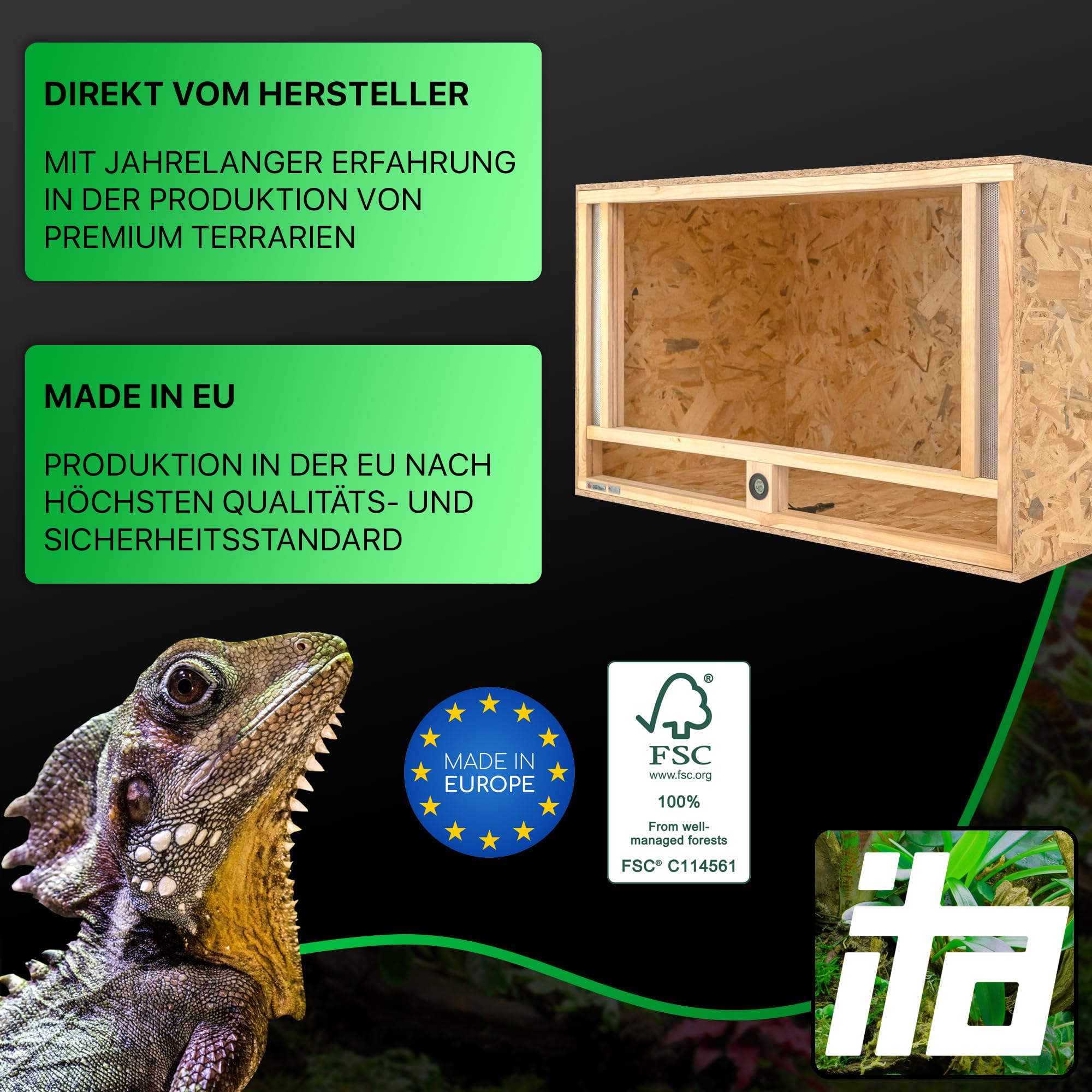 ITA Holz Terrarium 100x60x60 cm mit Frontbelüftung & Integriertem Hygrometer - Holzterrarium aus OSB-3 Platten - Terrarien für Reptilien, Schlangen, Amphibien - EU Produkt, FSC Zertifiziert
