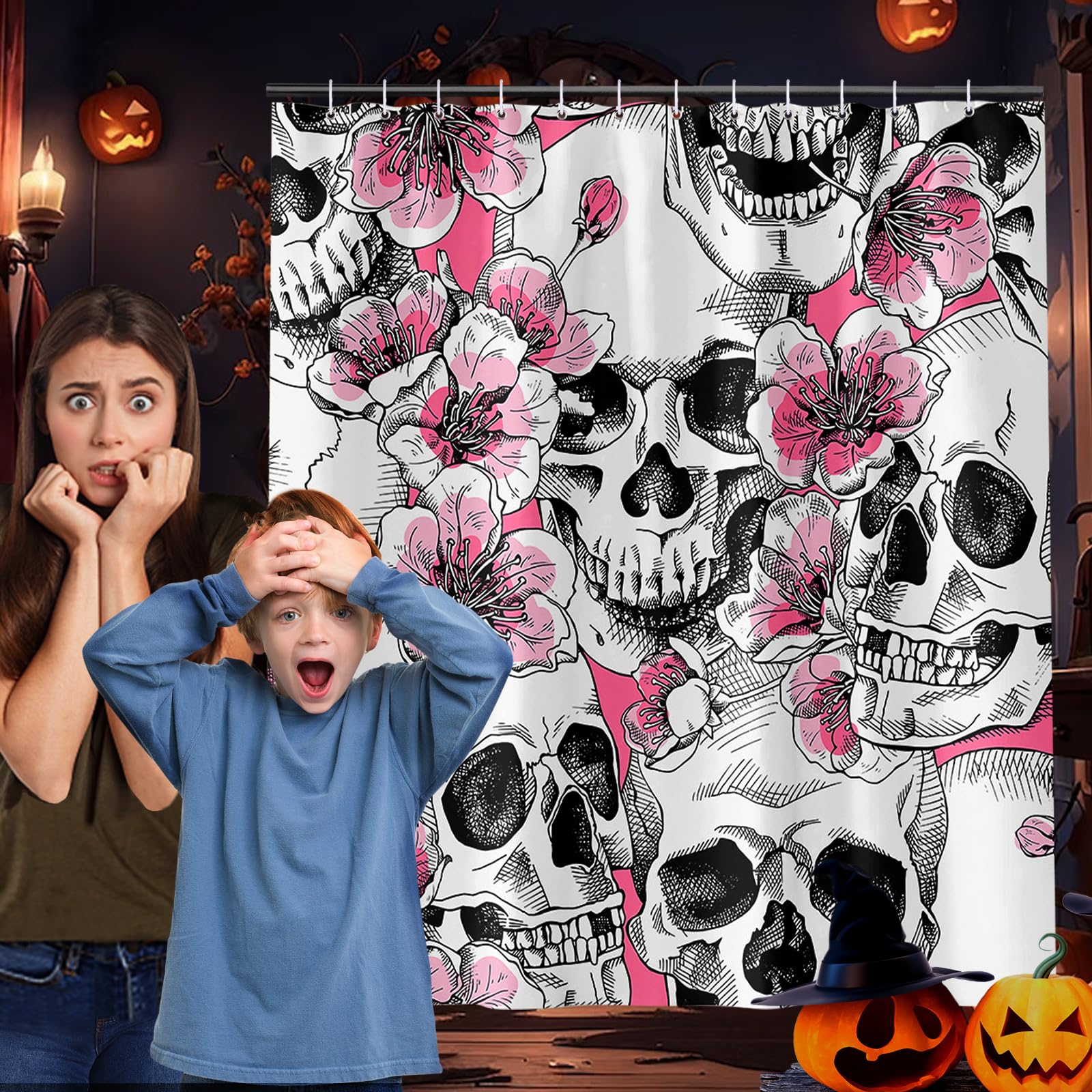 Minicoco Halloween Toilet Seat Covers Pads Funny Halloween Decorations Halloween Bathroom Set Toilet Lid Cover Set U-Shaped Toilet Rug Washable Soft Warmer Toilet Cover (Skull)