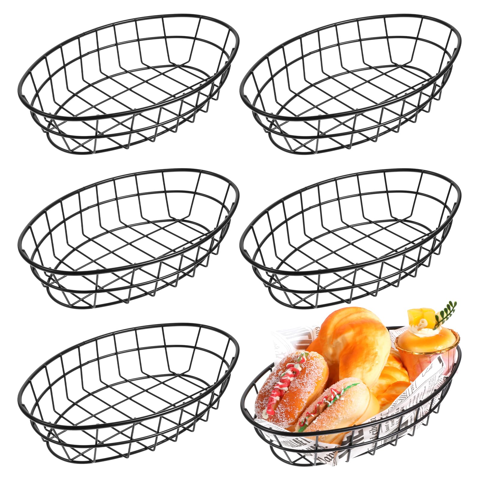 6Pcs Black Wire Bread Baskets for Serving Food, Metal Wire Bread Basket Reusable Metal Dinner Roll Basket 9.5 X 6.2 X 2.2 Inch Fruit Vegetables Baskets Bowl Storage for Kitchen Table Fast Food Burger