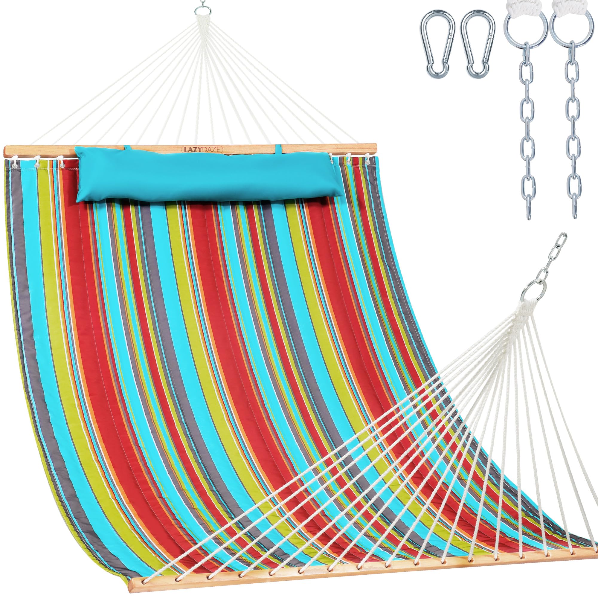 Lazy Daze Hammocks Hamak z pikowanej tkaniny o rozmiarze 140 cm z drewna liściastego i poliestrowej poduszki na głowę, stylowy dla dwóch osób, niebiesko-czerwone paski