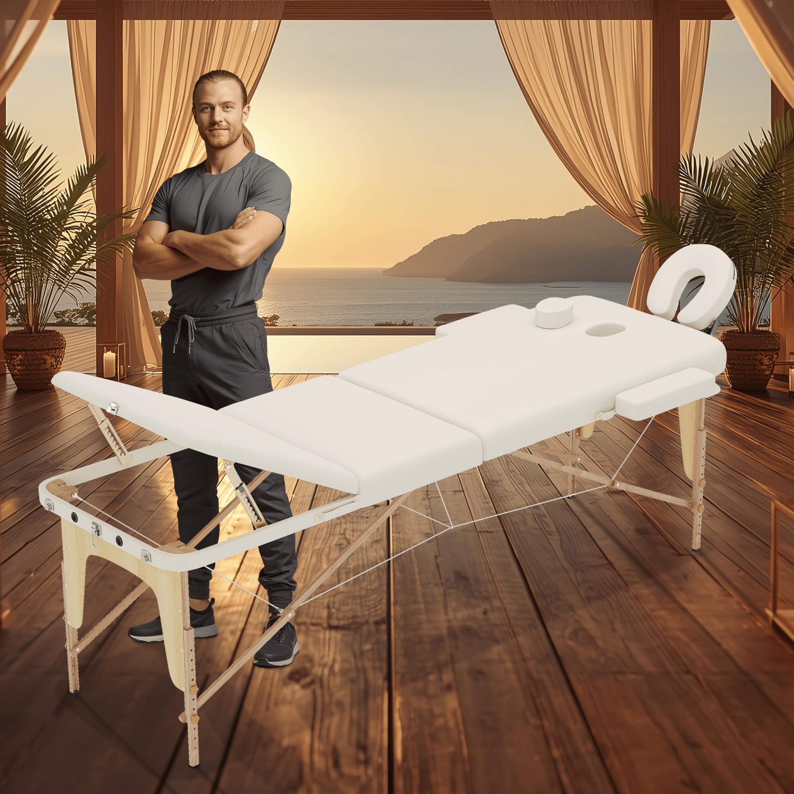 BELTOM® Camilla de Masaje 3 Zonas portatil 180 x 56 cm. - Pesa Solo 13,2 kg. y con Accesorios 15,5 kg. - Mesa Cama Banco Plegable Reiki Fsioterapeuta - Crema