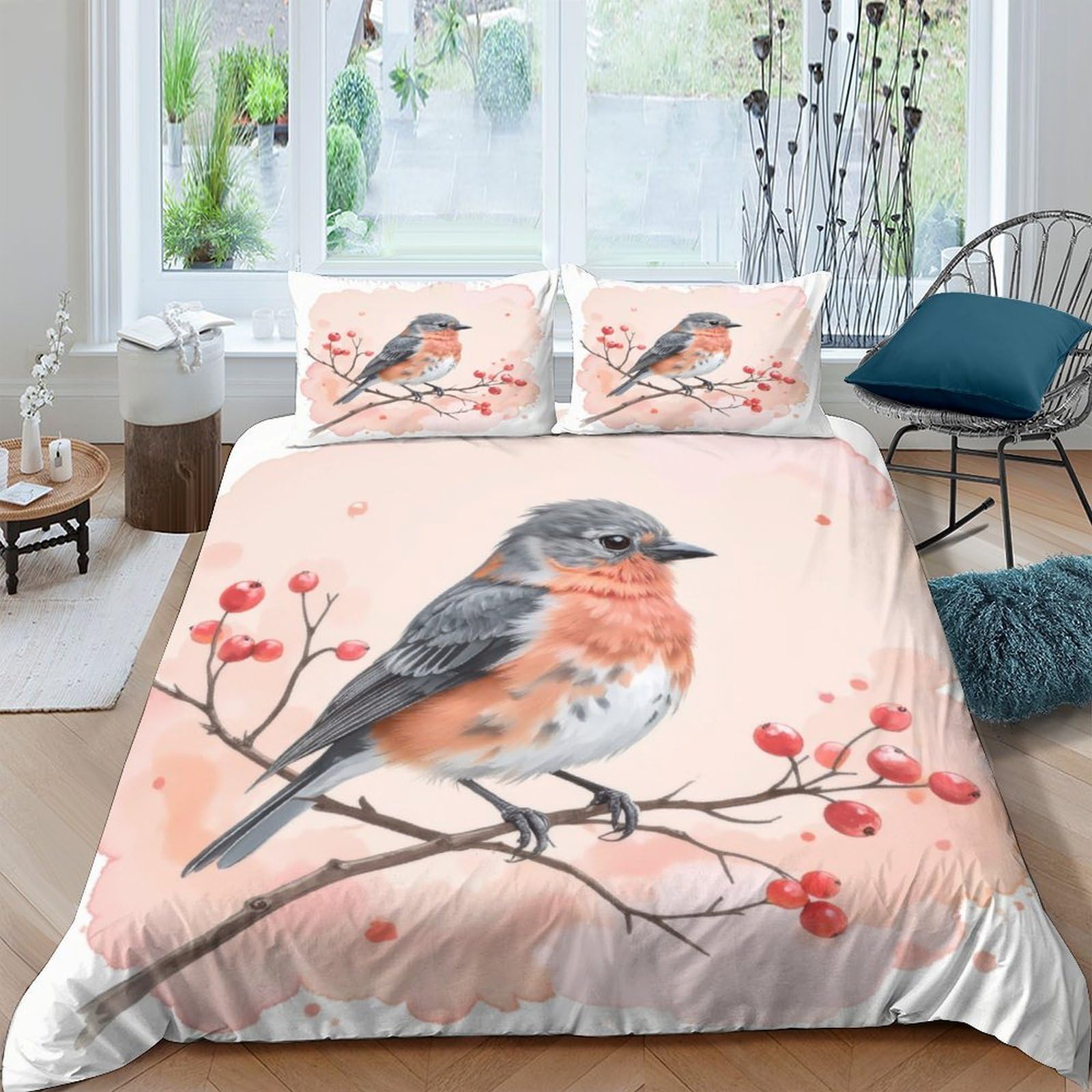Ctjqhvkz Style-2 3D Printed Robin Bird Fitted Sheet Microfiber Soft Pink Blossom Bed Cover For Bedroom Guest Room Mattress Decor Single（135X200cm）