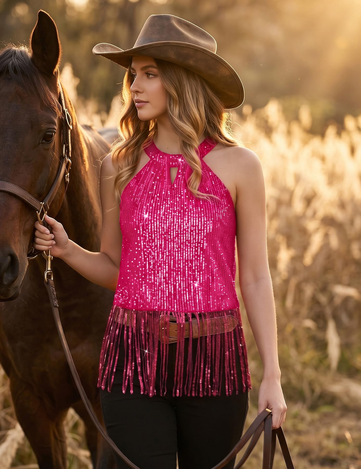 Aupuls Trajes de concierto de campo con flecos halter para mujer, con lentejuelas, traje de vaquera occidental