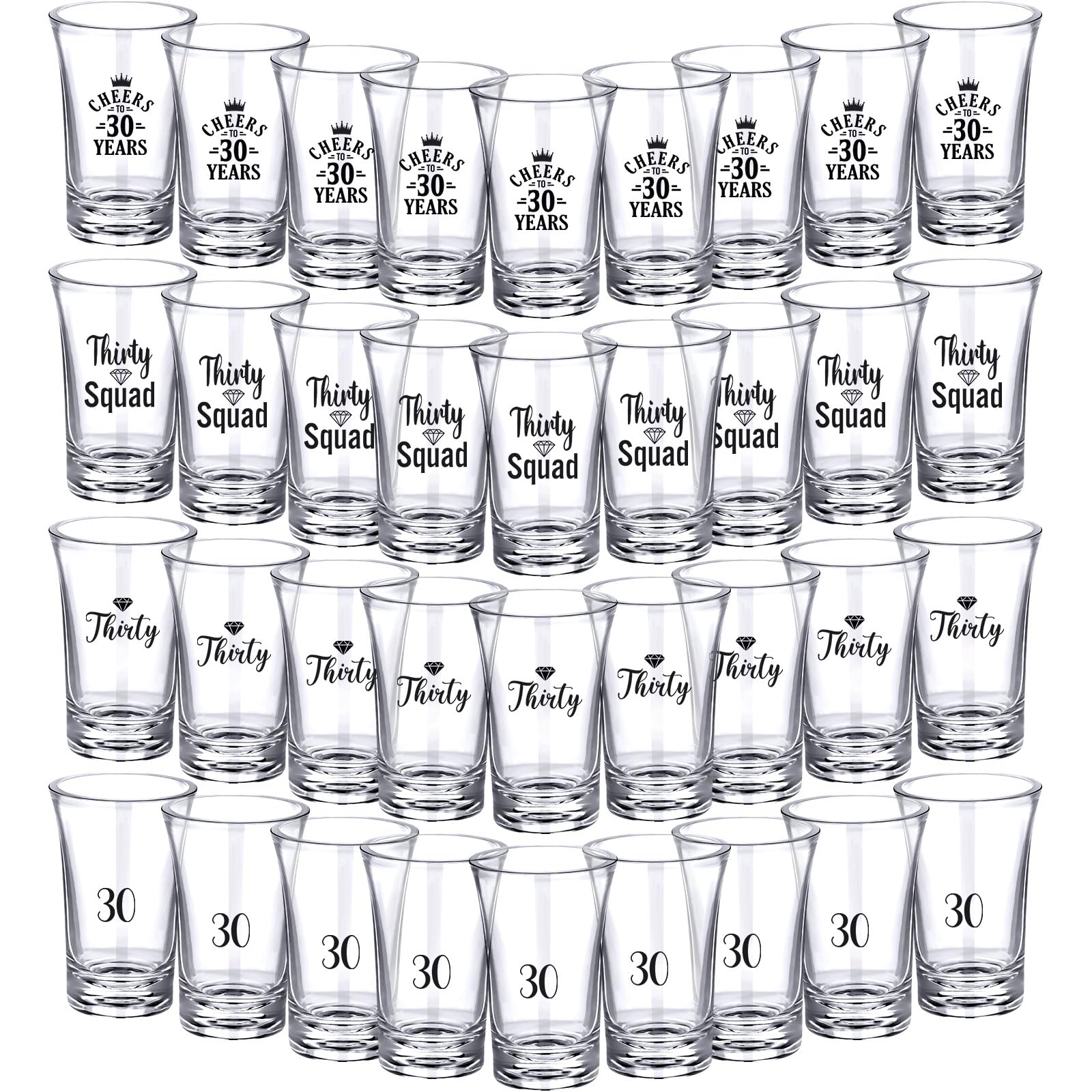 Juego de 36 vasos de chupito acrílicos transparentes para fiesta de 30 cumpleaños, juego al azar de vasos de chupito de 1.2 onzas, vasos de chupito de acrílico para adultos pequeños