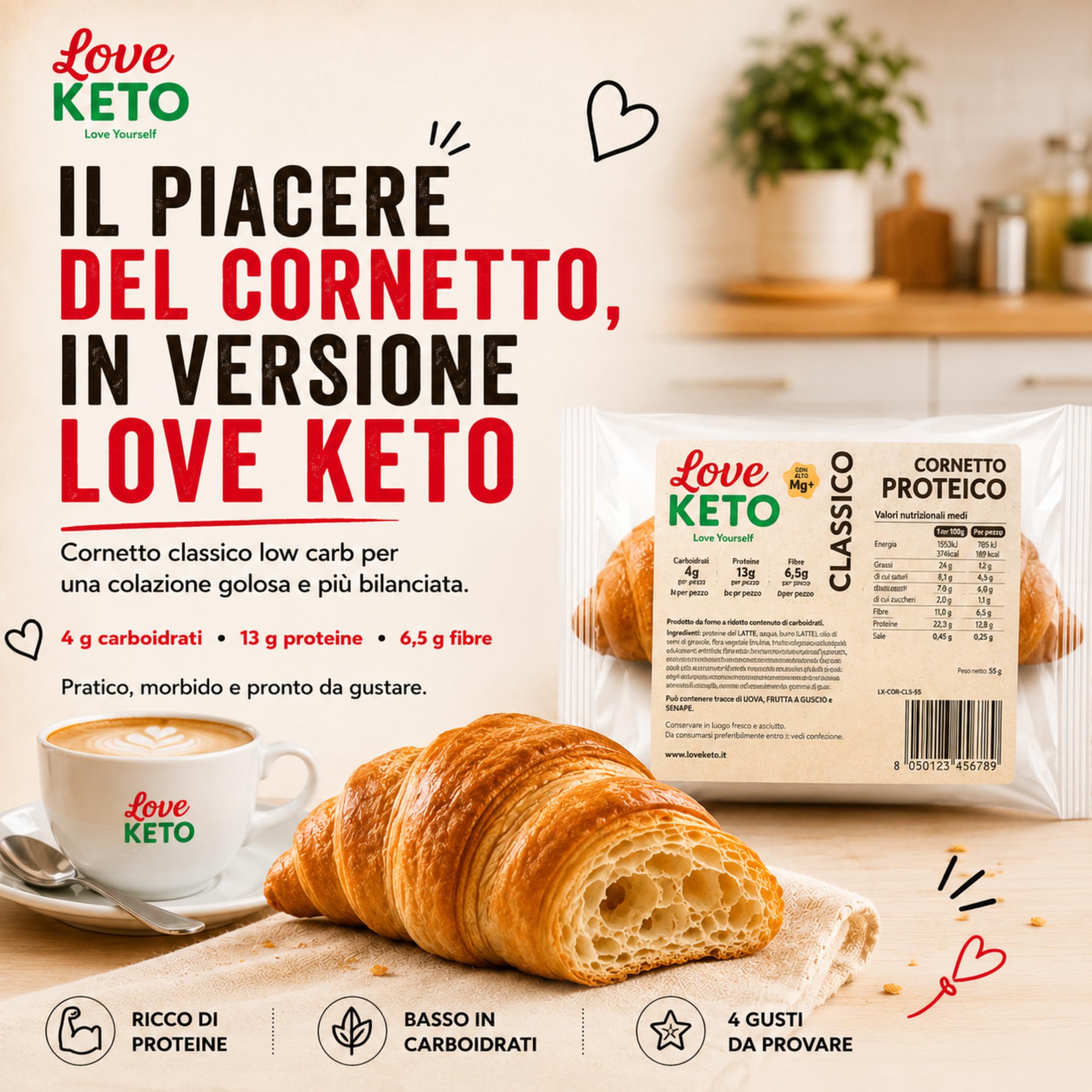 Cornetti proteici low carb gusto classico 20 confezioni da 50gr - Made in Italy