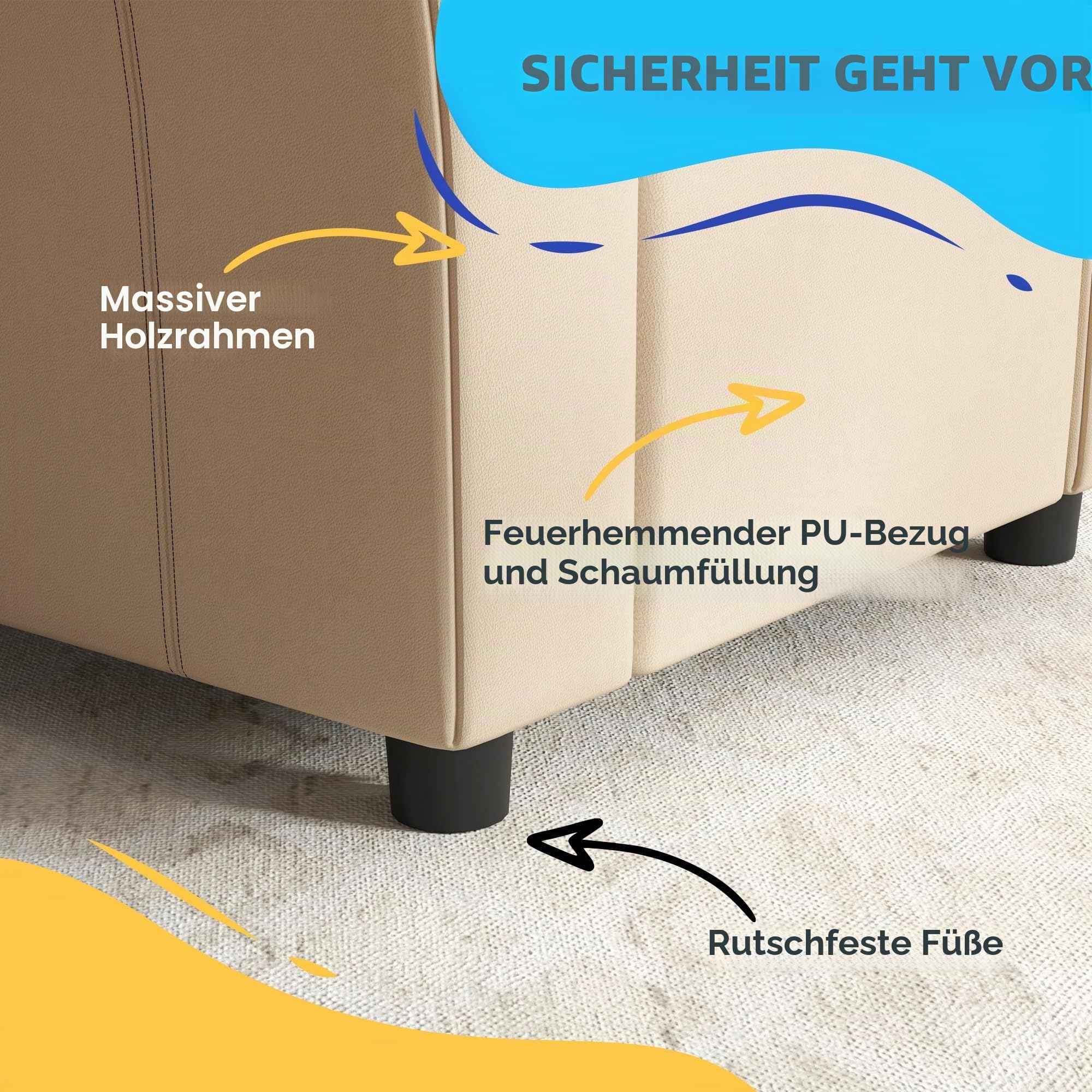 HOMCOM Kindersessel, PU-Leder Kindersessel, Kinderstuhl, Kleinkindersessel mit Verstellbarer Rückenlehne, Fußstütze, gepolsterte Kopfstütze, Becherhalter, Beige