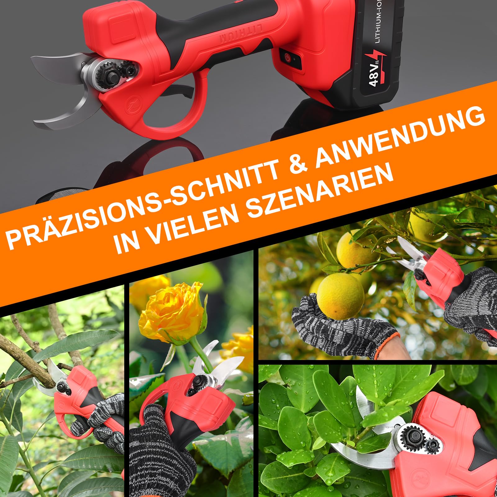 Akku Astschere,GuKKK 35mm Elektrische Gartenschere mit Akku mit 500W Bürstenlosem Motor, Professionelle Elektrische Gartenschere mit 2 Akku 2000mAh, Elektrisch Garten Schere für Zweige, Sträucher
