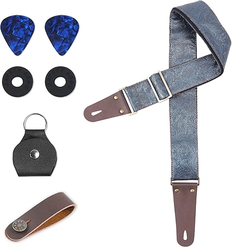LIZIMANDU Correa ajustable para guitarra, incluye 2 cerraduras de correa, 2 púas a juego, 1 soporte para púas y 1 botón de correa de cuero (1 talla