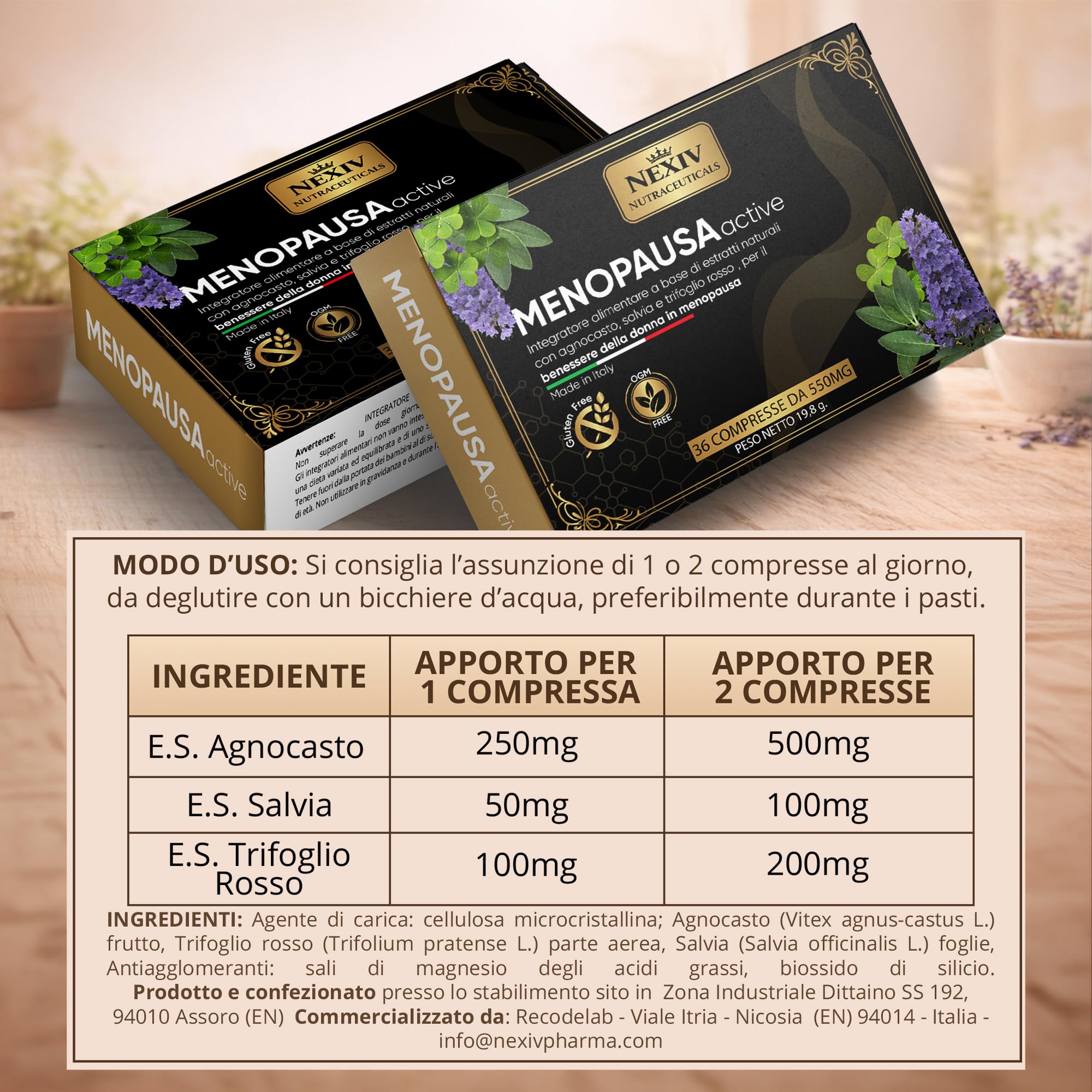 Integratore Menopausa per il Benessere Femminile con Agnocasto, Trifoglio Rosso e Salvia, Gluten Free | 36 Compresse | Estratti Vegetali