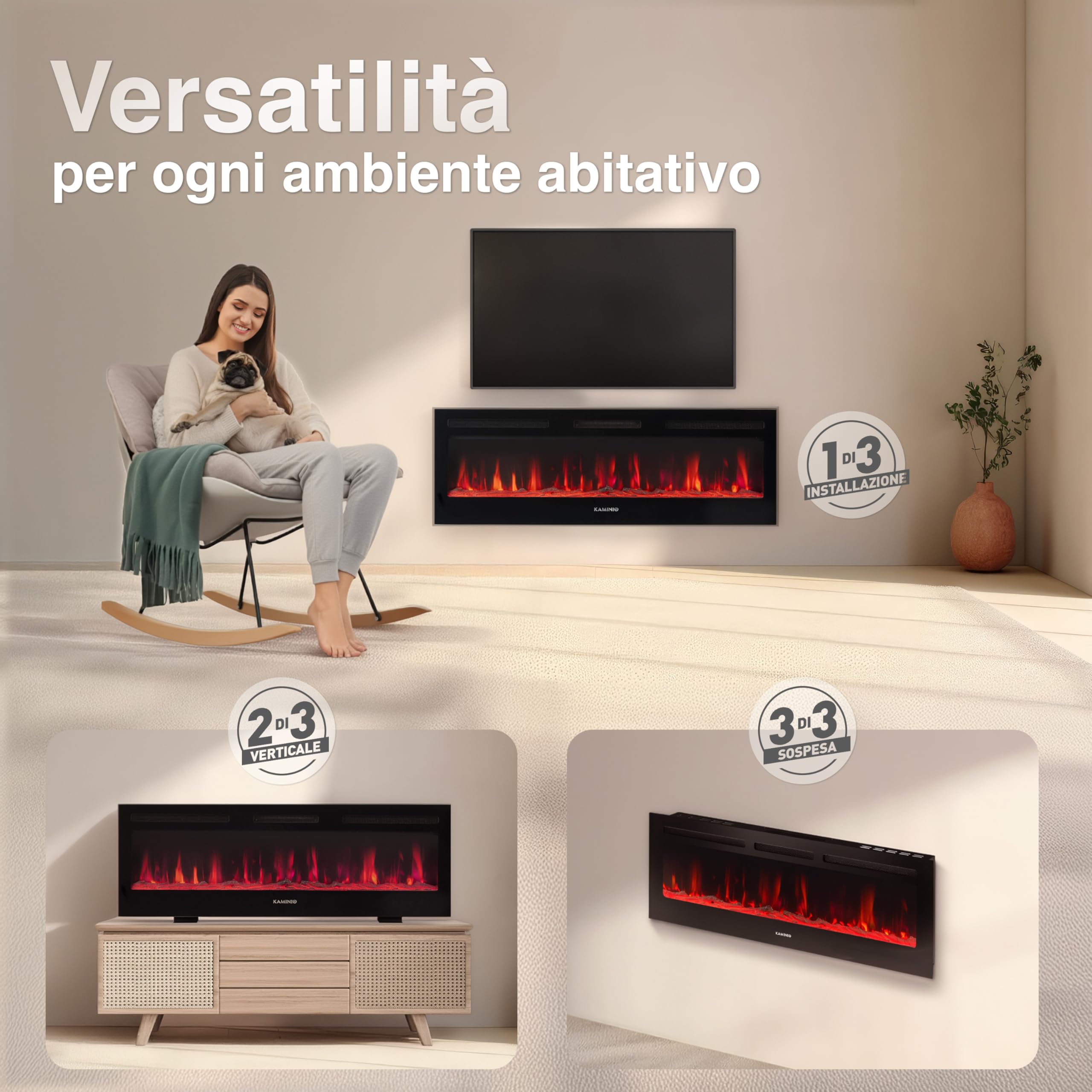 Kaminio Camino elettrico MARLON 3-in-1 con riscaldamento, effetto fiamma 3D, 12 colori, telecomando 60 pollici