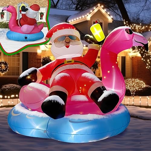 Miniatura 4 de Decoración Inflable de Navidad al Aire Libre de 6.5 Pies – Decoración Inflable de Navidad con Santa en Flotador de Piscina de Flamenco con Luces LED