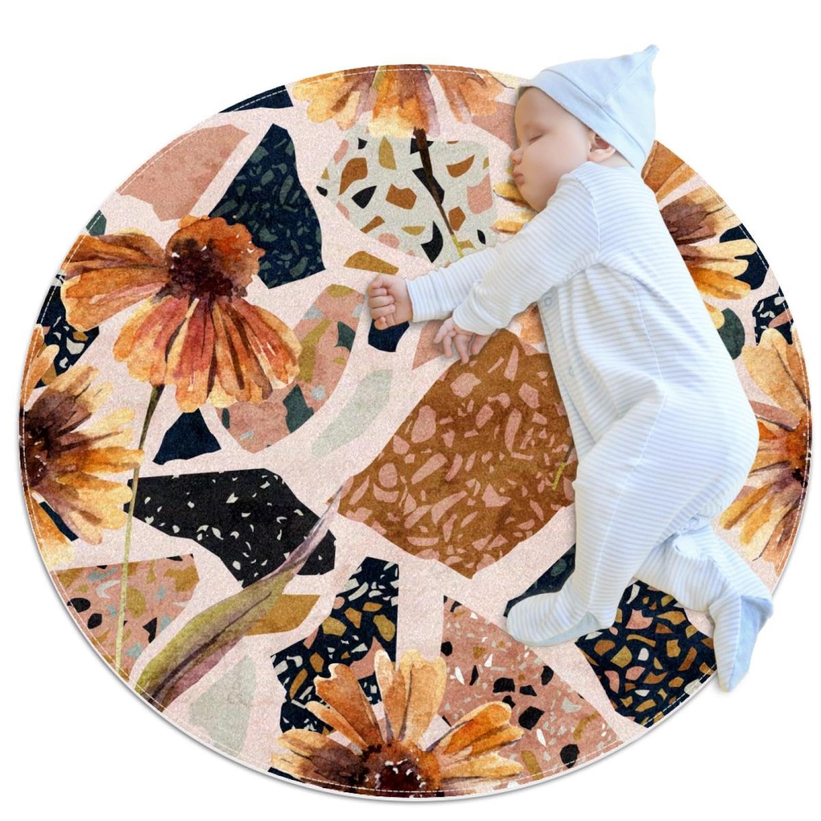 Tapis de salle de bain rond 1m motif fleurs d'automne aquarelle