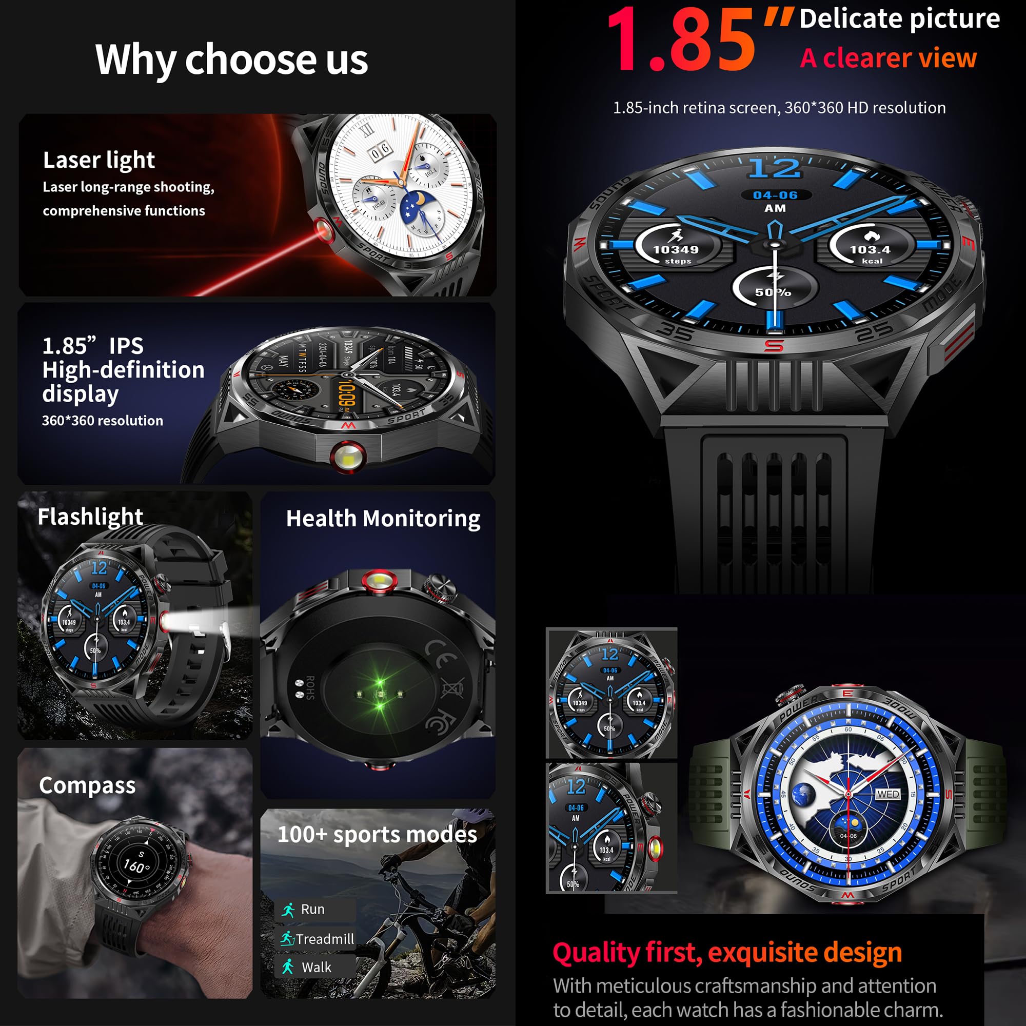 Reloj inteligente para hombre con función de teléfono, linterna, 1,85 pulgadas, AMOLED 5 ATM, reloj inteligente redondo, rastreador de actividad, con 123 modos deportivos, presión arterial, monitor de