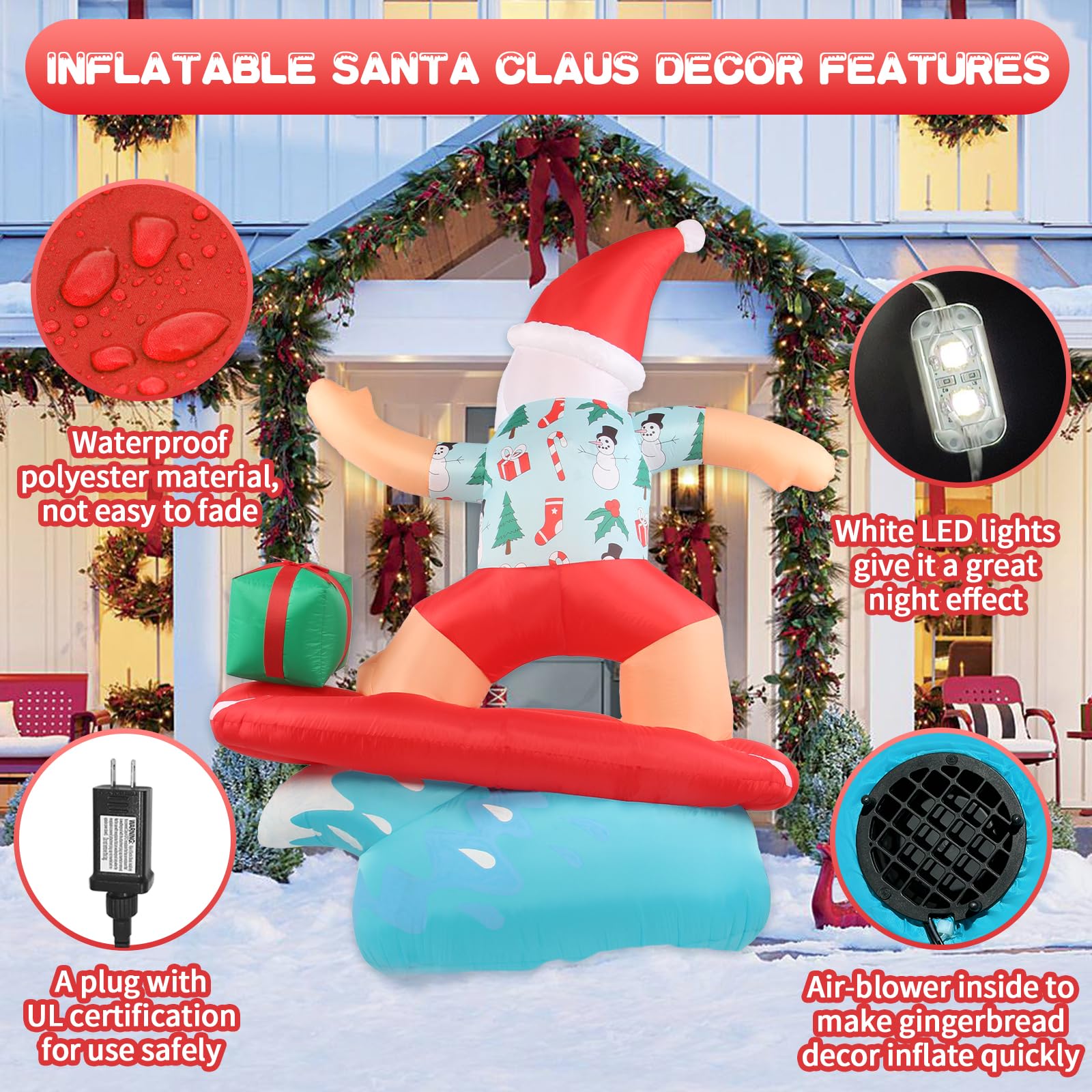 Decoraciones inflables de Navidad para exteriores, 1.8 m, gigante, para surf, Papá Noel, patio, inflables, playa tropical, luces LED, decoración para vacaciones, exteriores, césped, vacaciones