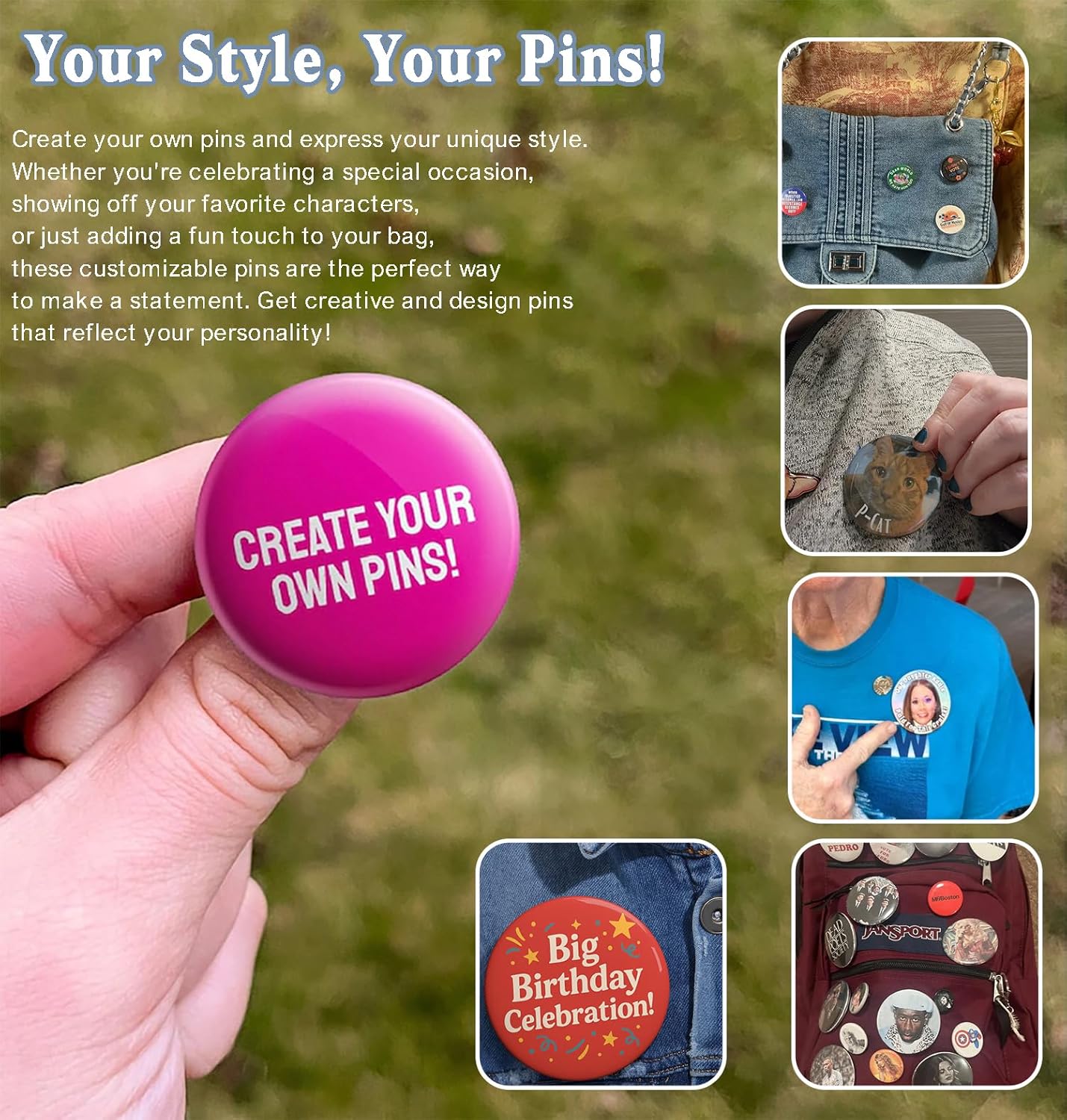 Custom Pins|Custom Bag Buttons|Personalized Metal Badges with Photo/Text/Logo,Button Pin for Bags,Backpacks,Weddings,Parties,Conferences,Ties,Hats|Personalized Pins Gifts
