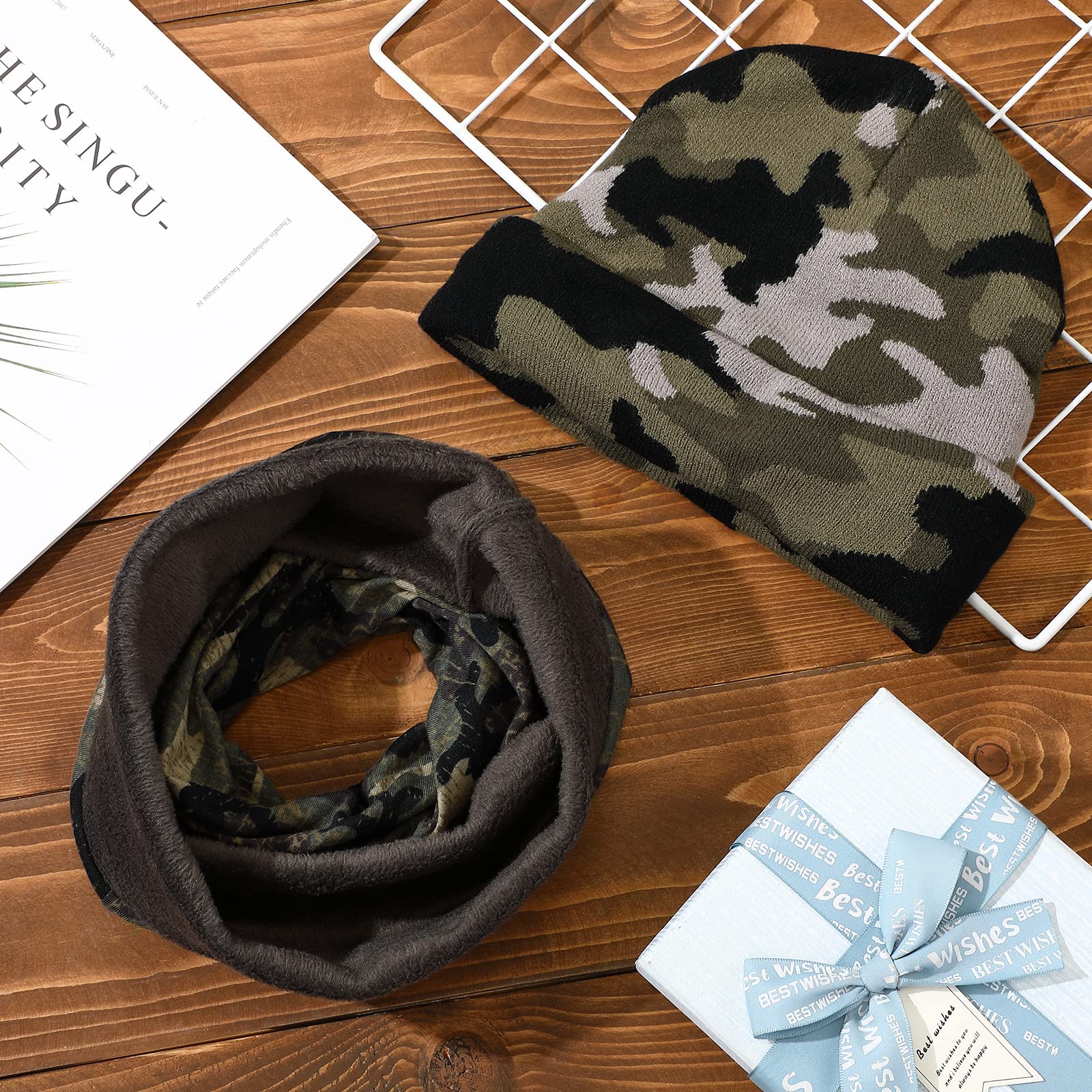 Neer 2 Stück Winter Camouflage Mütze und Halswärmer Set Grün Schwarz Grau Gestrickte Camo Mütze Halsmanschette für Männer Frauen