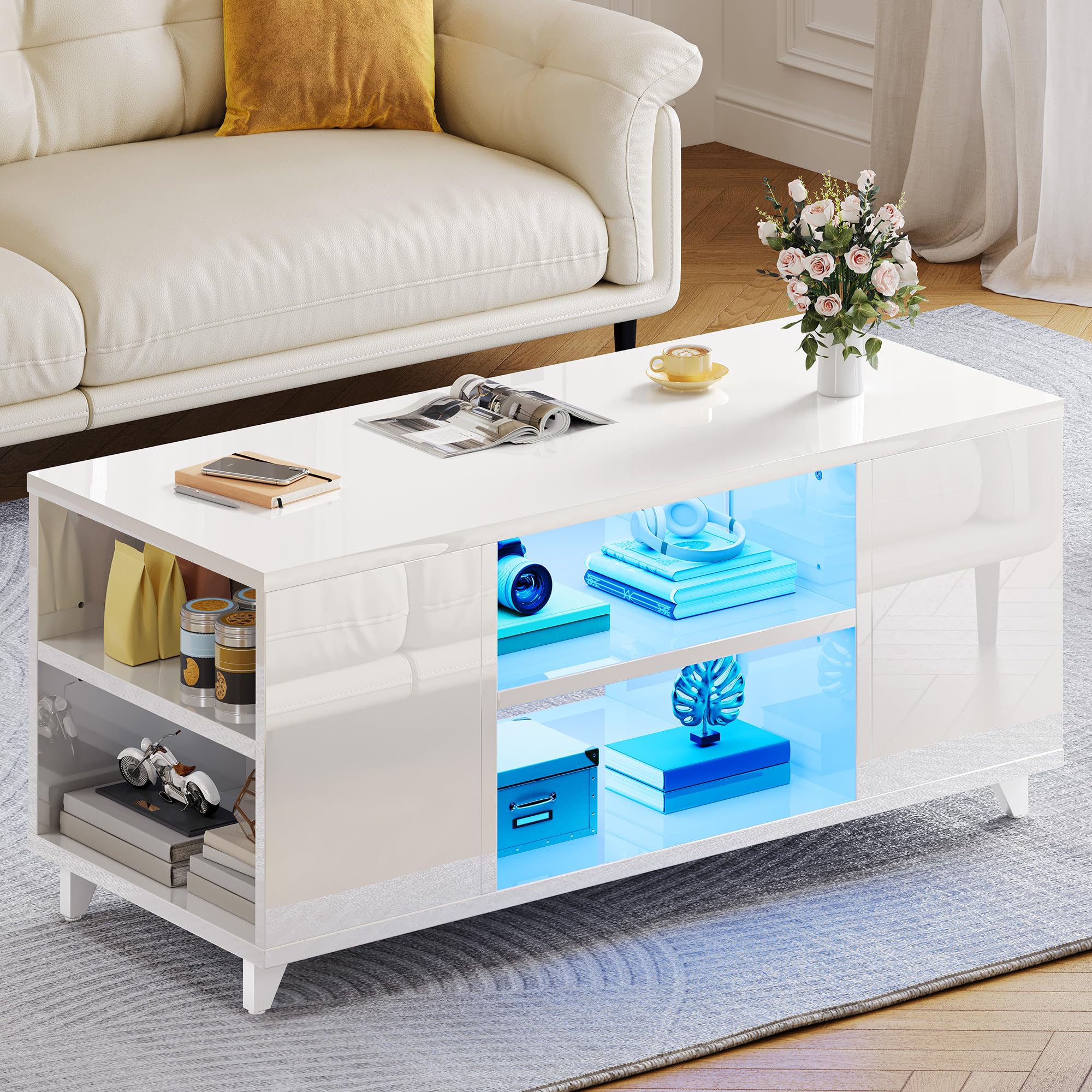 YITAHOME Mesa de Centro Moderna Brillante con Luz LED de 16 Colores, Mesa de Café para Salón con Estante Ajustable, Blanco, 97,5 x 48 x 45 cm