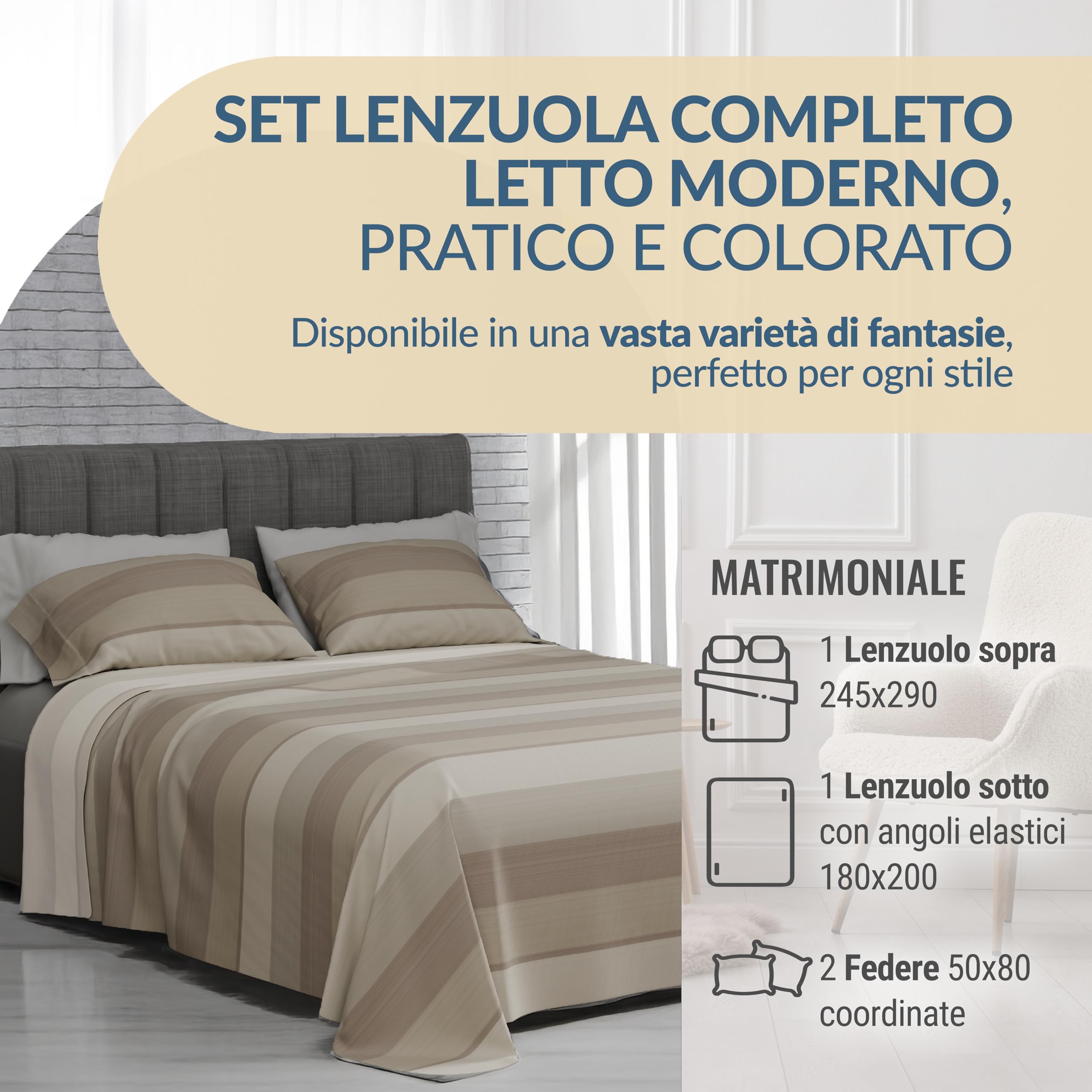 Dorian Home- Set Lenzuola Matrimoniale Cotone 100% Puro, Completo Lenzuola Matrimoniali Sopra 245x290, Lenzuolo con Angoli Sotto 180x200, Federe Cuscino Letto 50x80, Completo Letto Morbido Certificato