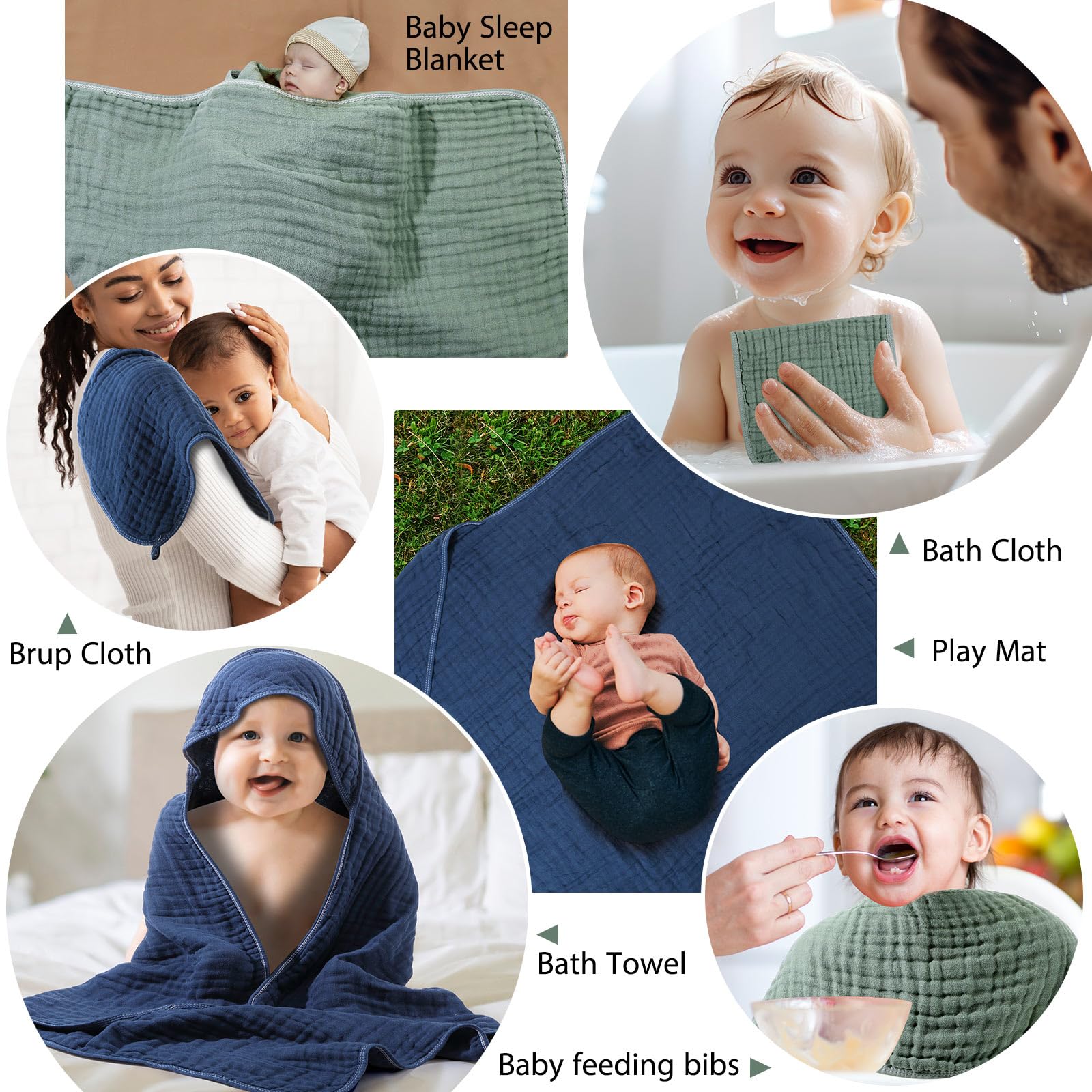 VitalCozy 6 asciugamani da bagno e asciugamani con cappuccio in mussola, 81 x 81 cm, asciugamani per bambini in mussola di cotone con cappuccio blu verde assorbente coperte con cappuccio neonato