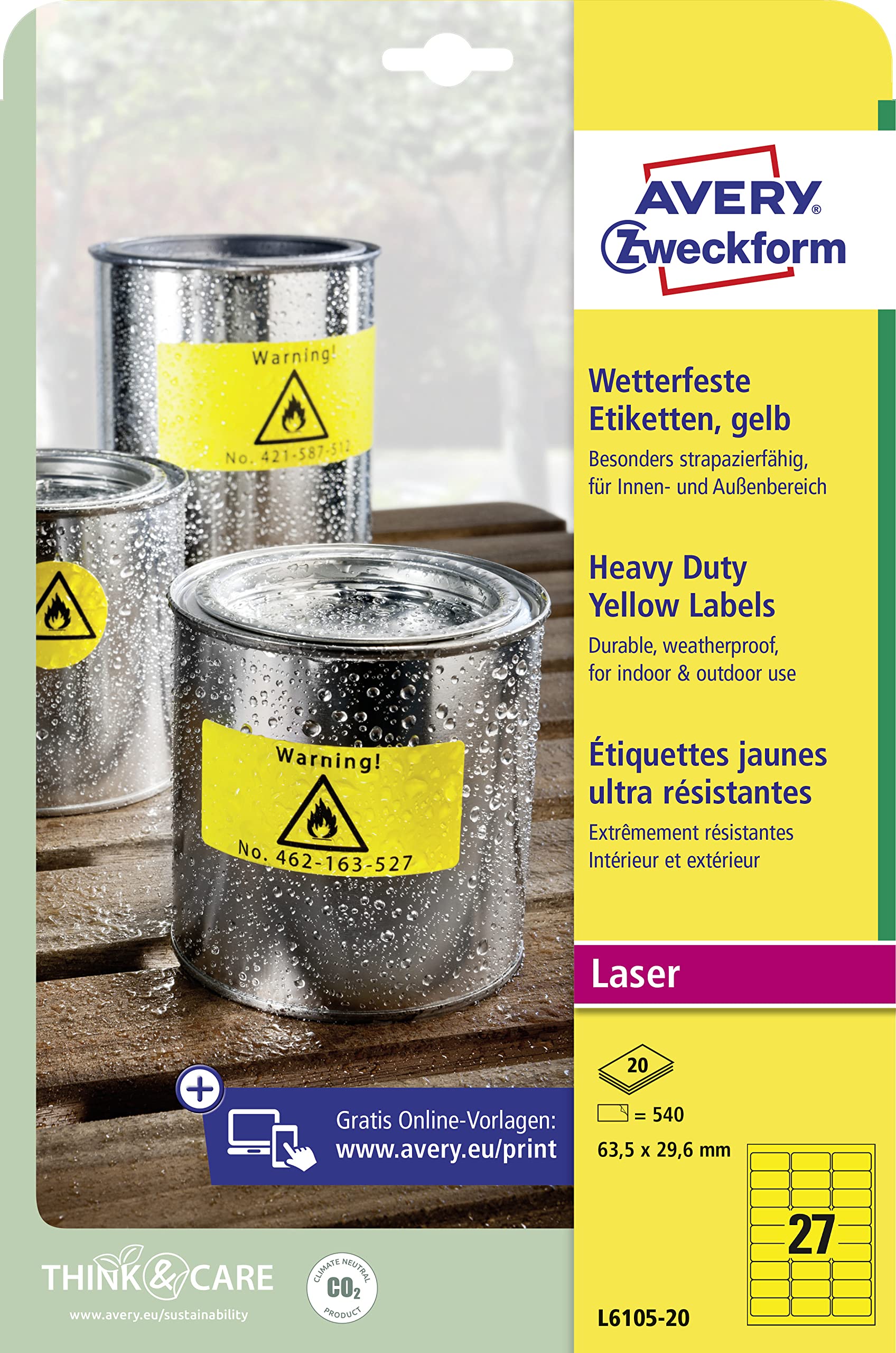 AVERY Zweckform L6105-20 Wetterfeste Folienetiketten (540 Signalaufkleber, 63,5x29,6mm auf A4, extrem stark selbstklebend, wasserfest, strapazierfähig, bedruckbare Outdoor Klebefolie) 20 Blatt, gelb