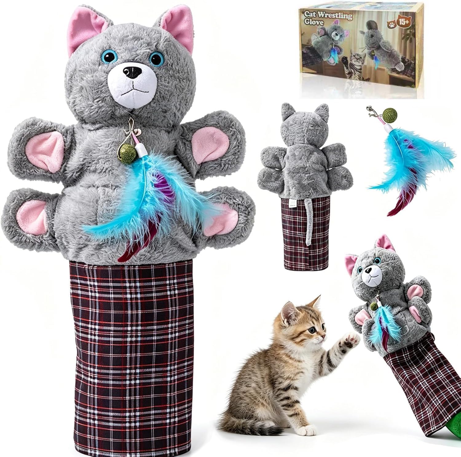 Cat Wrestling Glove with Bell & Catnip, Cats Puppet Wrestler with Tough Padding for Safe Play, Interactive Puppet Toy for Indoor Play, Exercise & Boredom Relief, Family Bonding & Feline Training