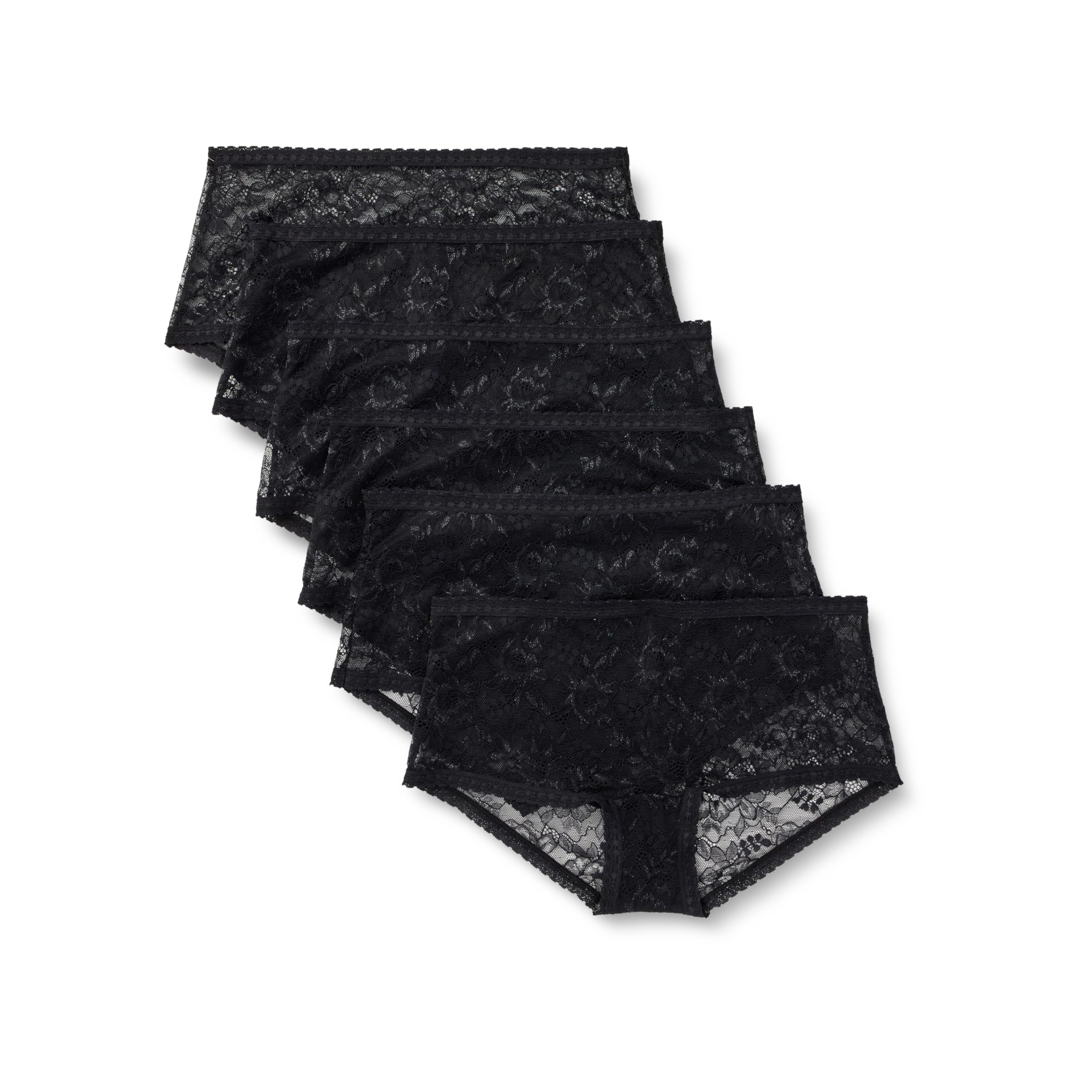 Amazon Essentials Damen Boyshort Aus Elastischer Spitze, 6er-Pack, Schwarz, 42