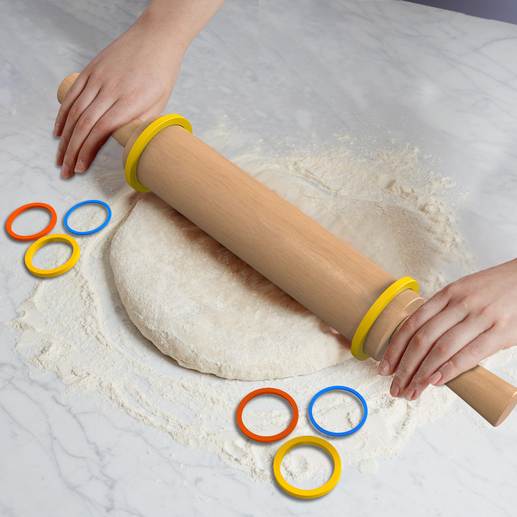 Mepple Classic Wooden Rolling Pin with Handle for Fondant, Pizza, Pies, Cookies, Pastries, Rolling Pin for Baking with 3 Multi-Color Thickness Rings, 17