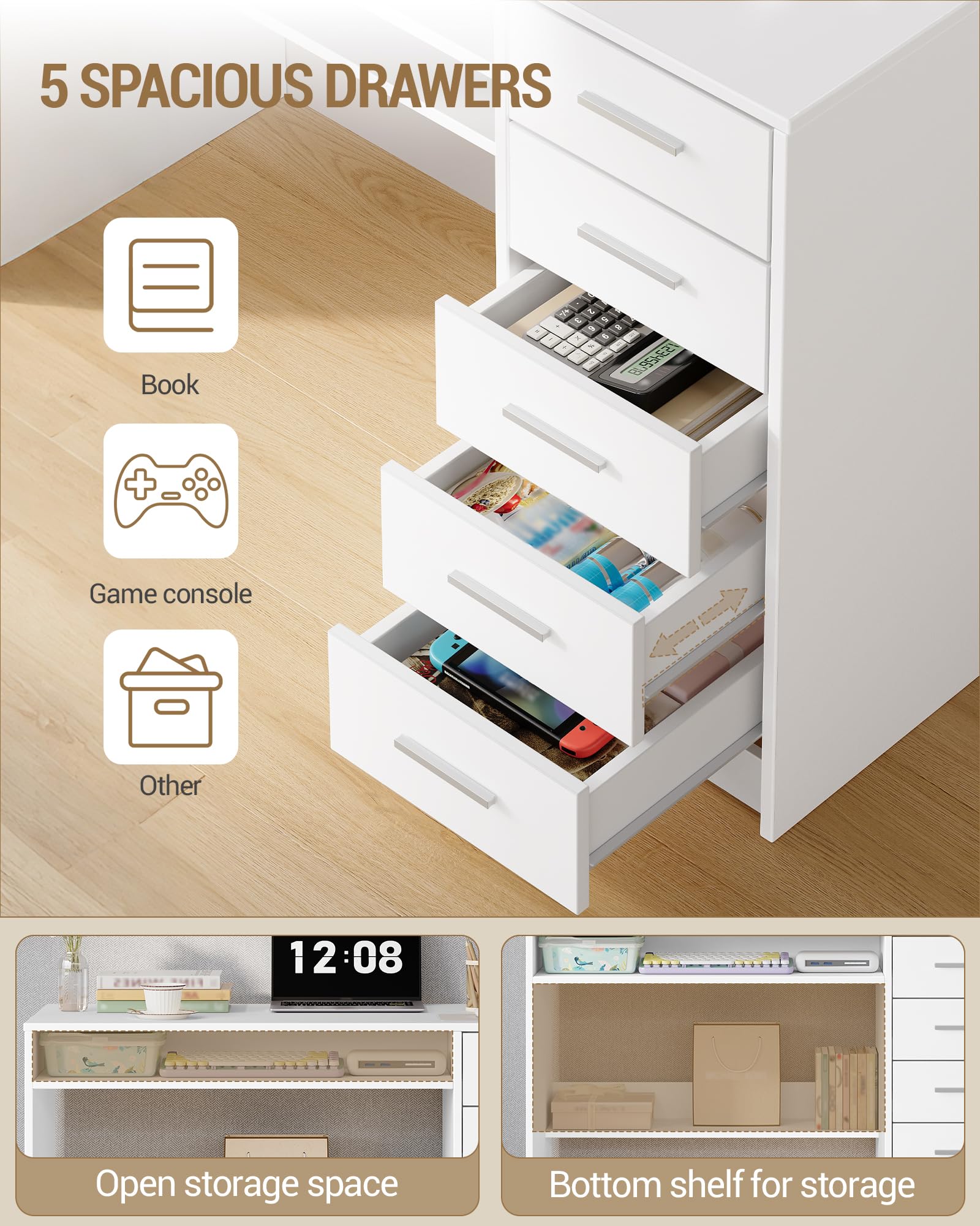 Hzuaneri Schreibtisch 108x50cm 5 Schubl. weiß | 5 Schubl,minimalistisch, stabil. Für Büro,Arbeitszimmer,Schlafzimmer. 108x50cm, weiß. Ref. CD10503X.