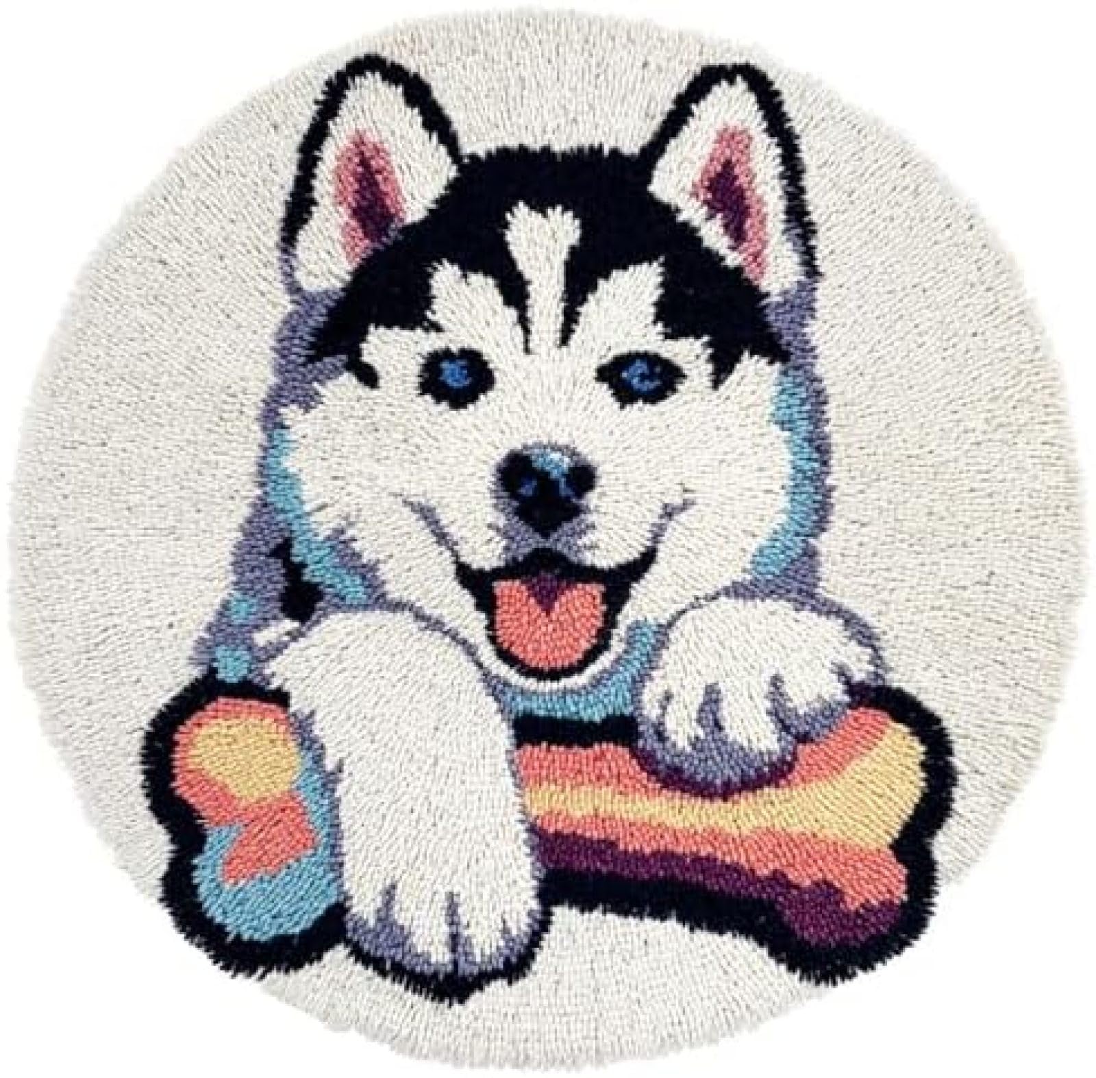 XDEGHUANGSS Latch Hook Rug Kit Siberian Husky Dog Puppy and Bone Round Rug 52x52cm