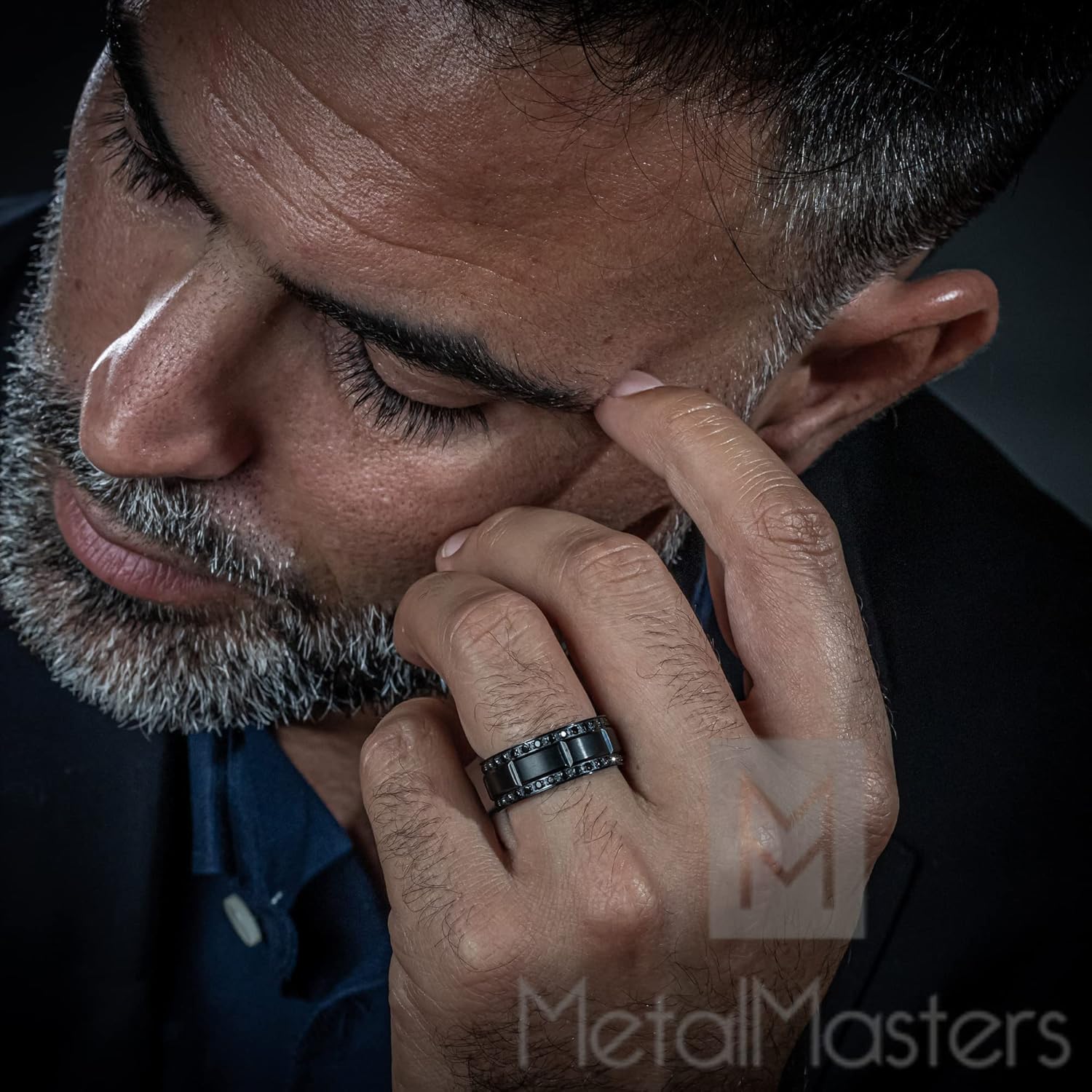 9MM Men's Black Titanium Wedding Band Ring with Double Row Black Cubic Zirconia, Comfort Fit