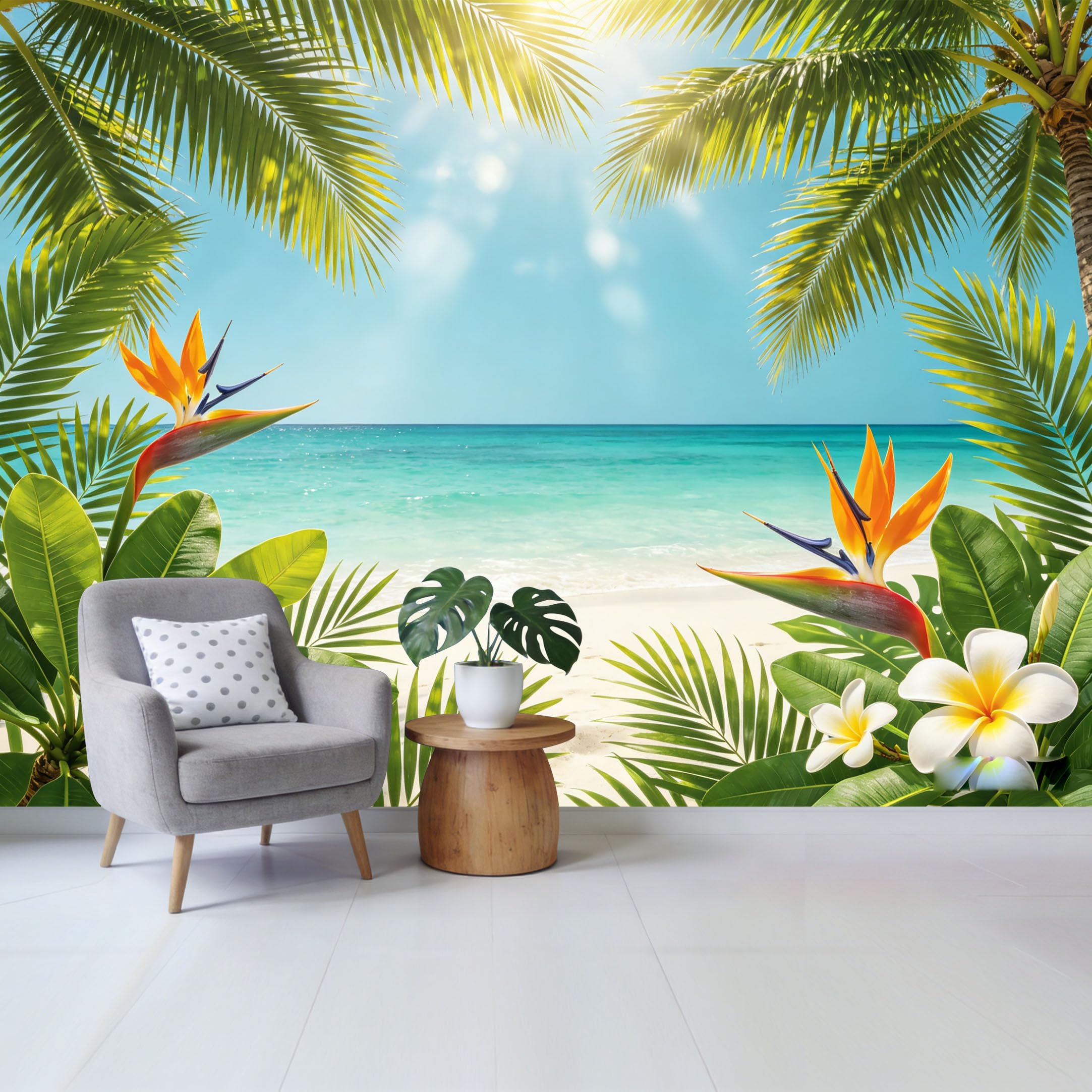Qzlithotic Yq2605250268 Custom Size Wall Mural Tropical Beach Paradise Palm Leaves Bird Of Paradise Plumeria Flowers Selfadhesive Wall Fabric Removable Wallpaper For Home Office Decor