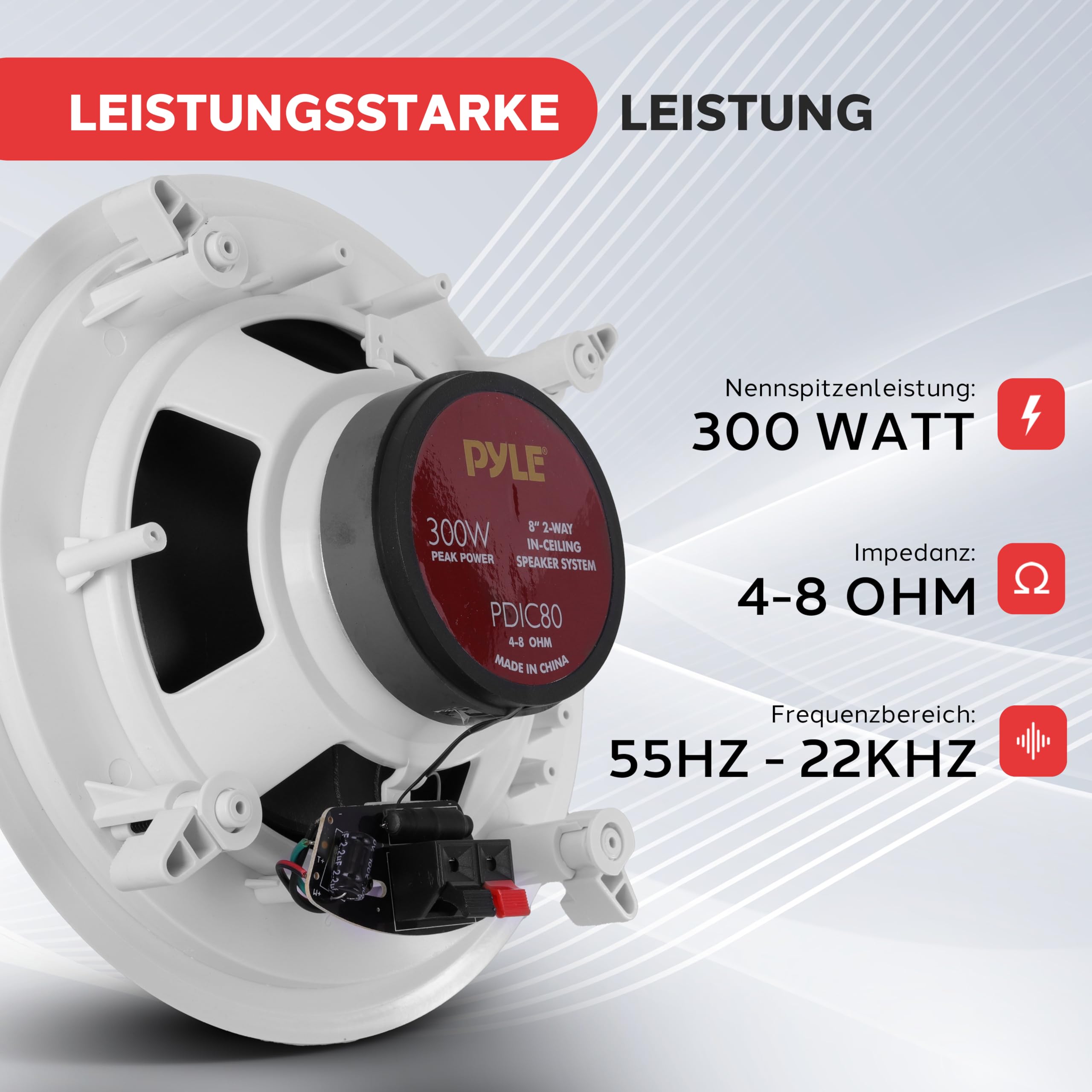 Pyle Deckenlautsprecher 300W 20cm 2-Wege Einbaulautsprecher Bluetooth Flacher Woofer