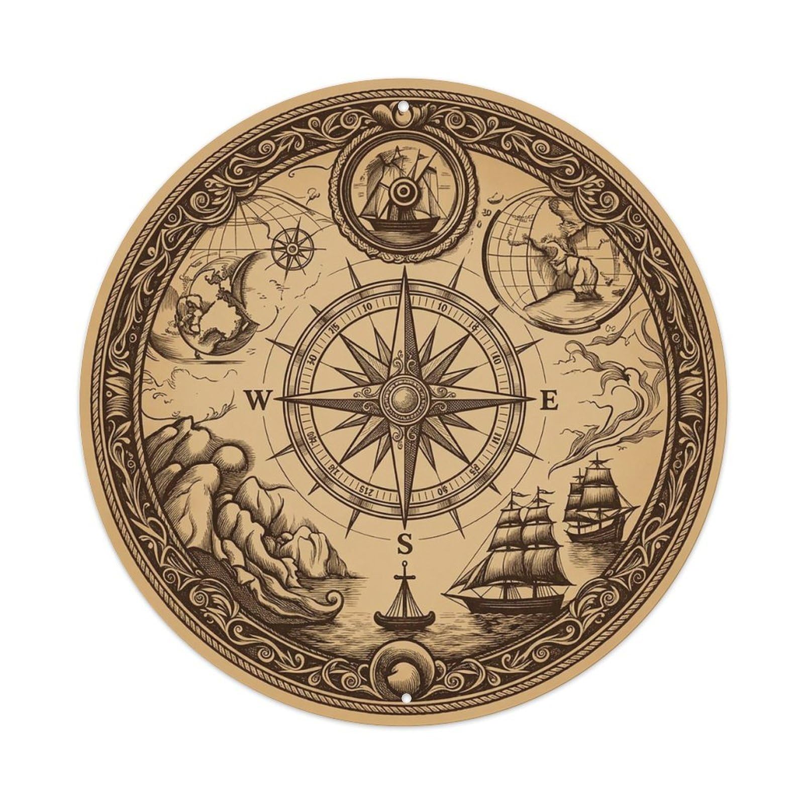 Vintage Nautical Compass World Map Passage Chronicle Metal Tin Sign