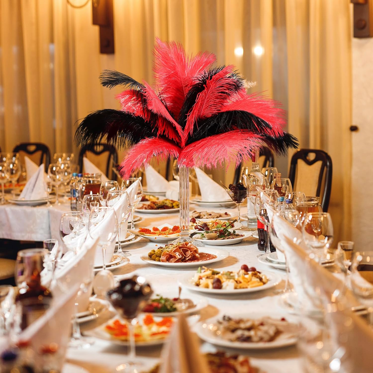 XunYee 60 Pcs 1920s Natural Ostrich Feathers Bulk 10-12 Inch/ 12-14 Inch Natural Large Feather for Wedding Dancing Birthday Party Centerpieces Carnival Decorations(Red, Black)