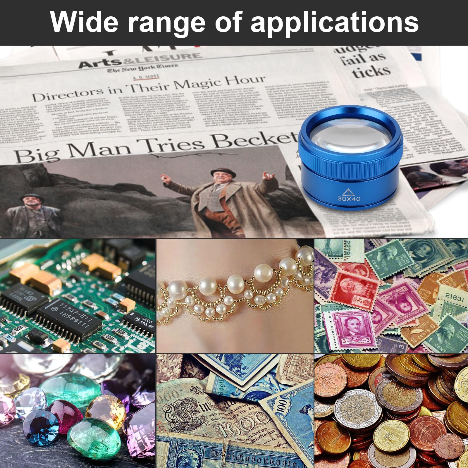 Rongon 30-fache Münzlupe, tragbar, kleine Lupe, Juwelierlupe, Optiklinse, Glas für Schmuck, Münzen, Senioren, zum Lesen von Zeitungen, Zielfernrohr, Briefmarken, Basteln, Uhren-Reparatur (blau, 30 x