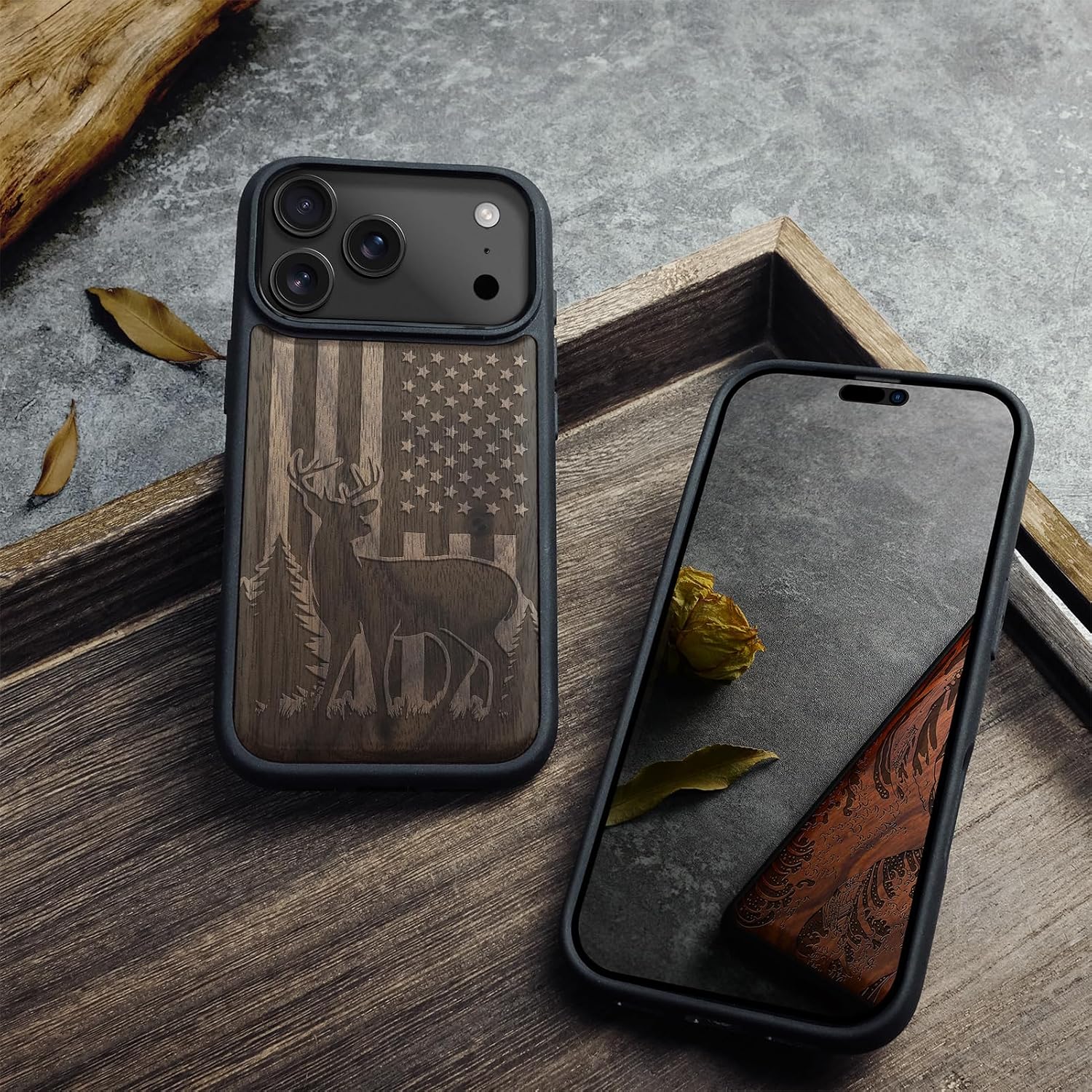 Carveit Magnetic Wooden Case for iPhone 17 Pro Case, Wood Artisan Engraved & Black Soft TPU Shockproof Cover, Compatible with MagSafe Wireless Chargers (Patriotic Deer Silhouette) Walnut