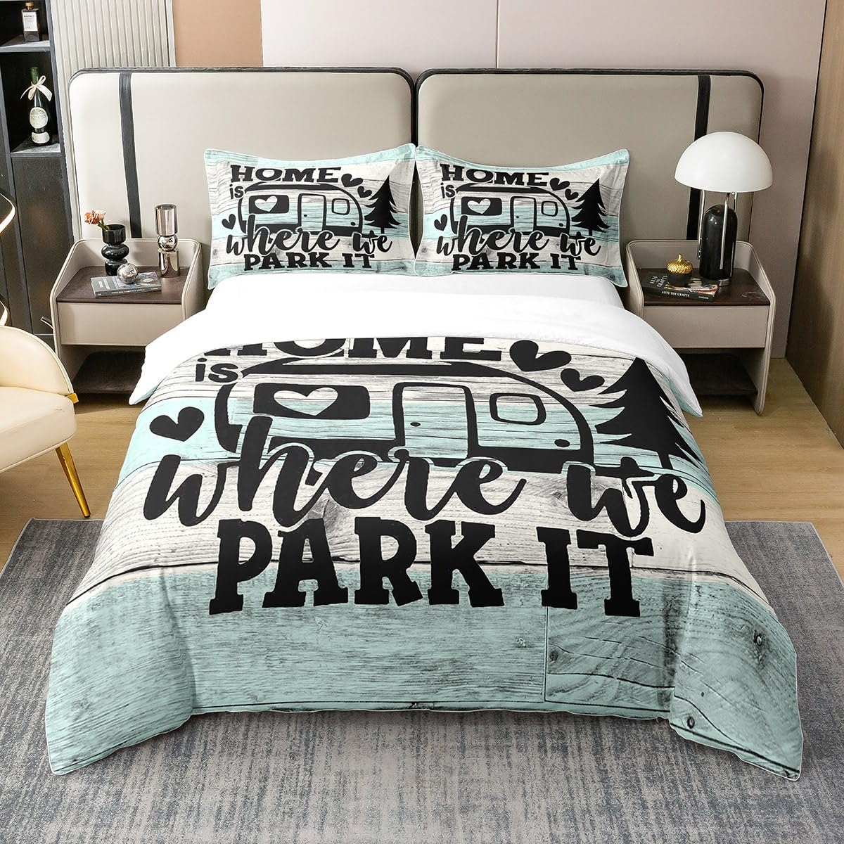 Kids Camper 100% Cotton Duvet Cover Set Single Size Happy Camping Bedding Set for Boys Girls Teens Bedroom Decor RV Camping Comforter Cover Set Farmhouse Lake Style Black and Blue Bedspread Cover โ image 1