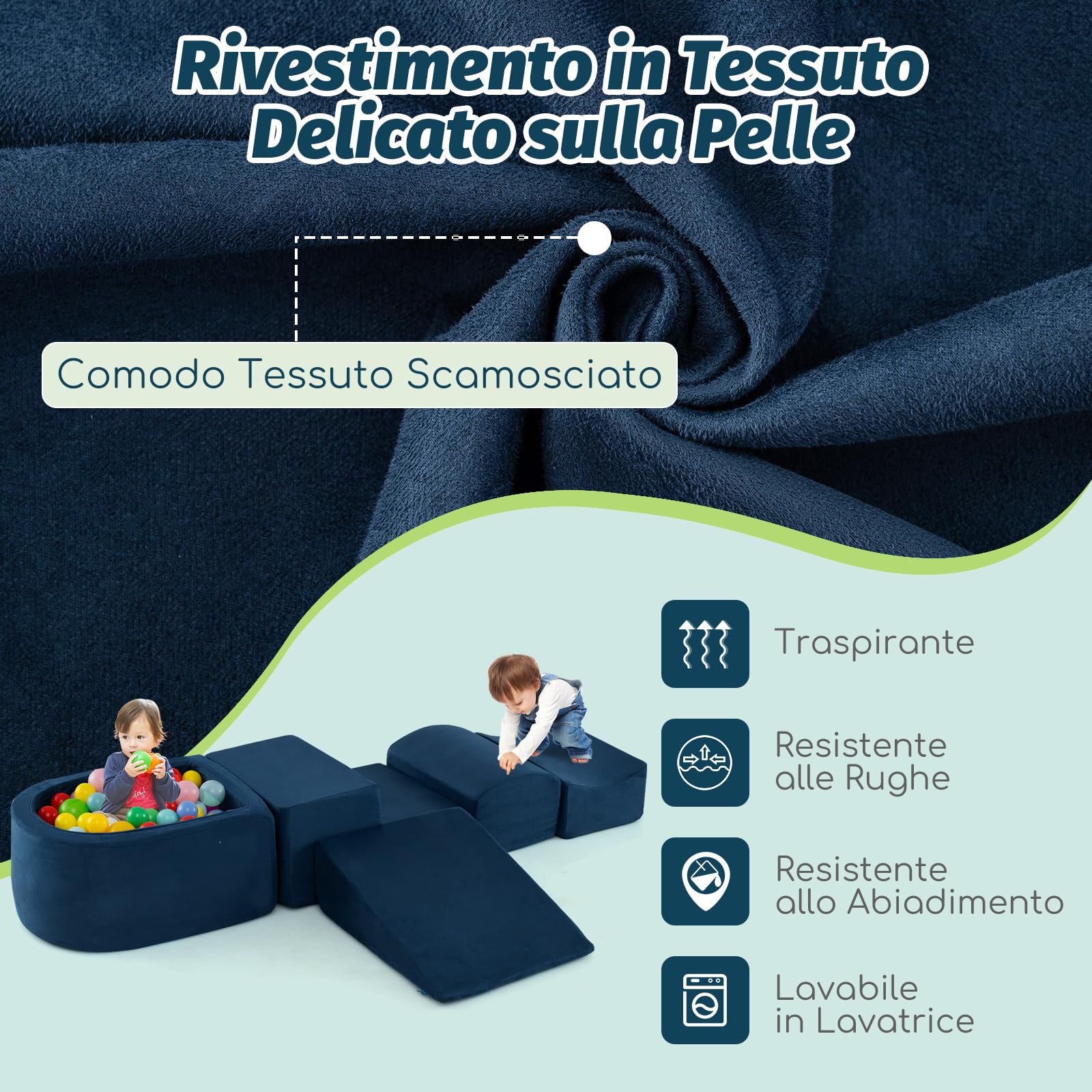 COSTWAY Set di 5 Pezzi Gioco in Schiuma, Blocchi con Piscina di Palline per Bambini, Coperture Lavabili con Cerniere, Blocchi Creativi per Stanza di Giocattoli, Camera da Letto (Navy)