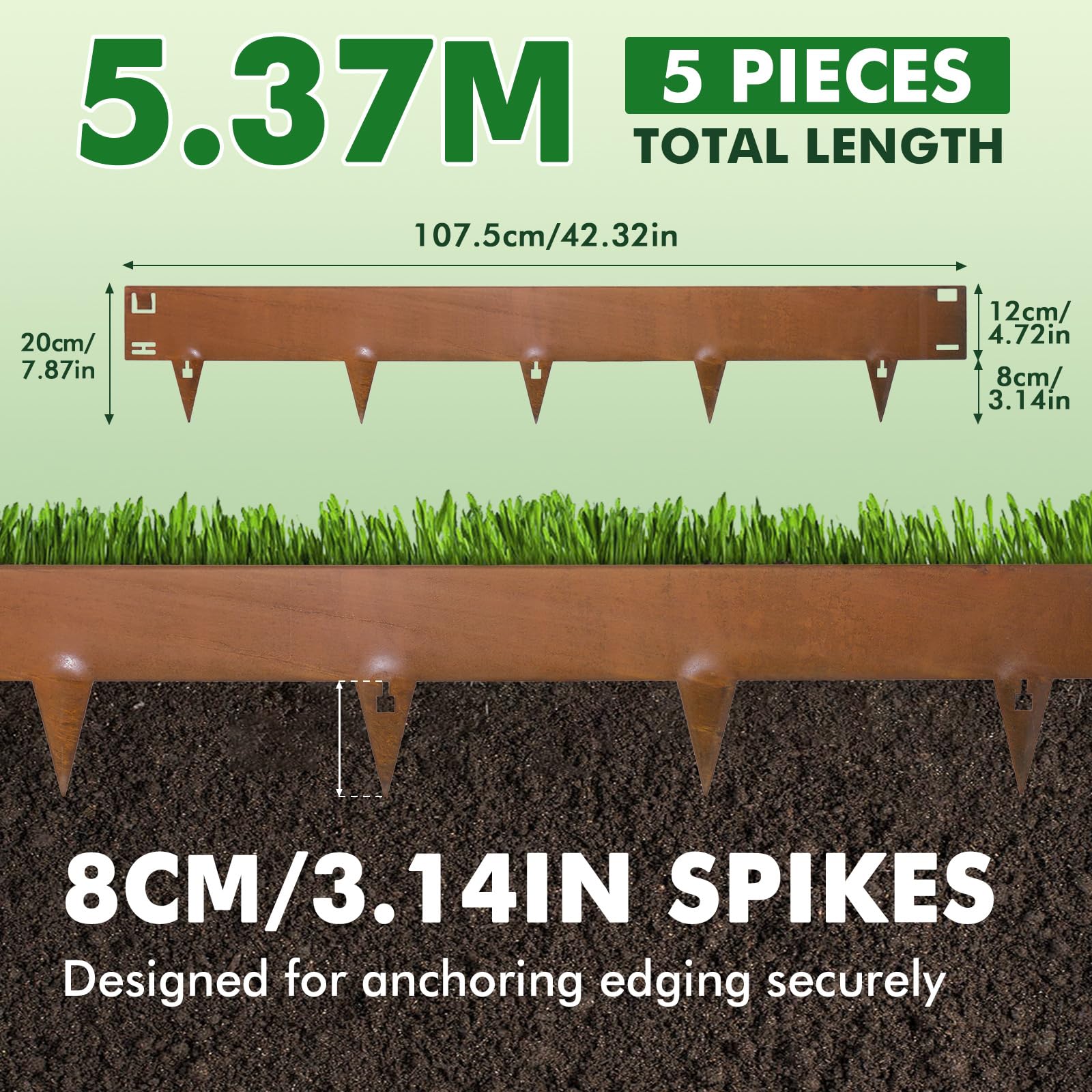 107,5 cm x 5 Bordures de pelouse en Acier Corten Flexible Bordure de Parterre en Acier | Flexibles pour Bordures de parterres Jardin Hauteur 20cm