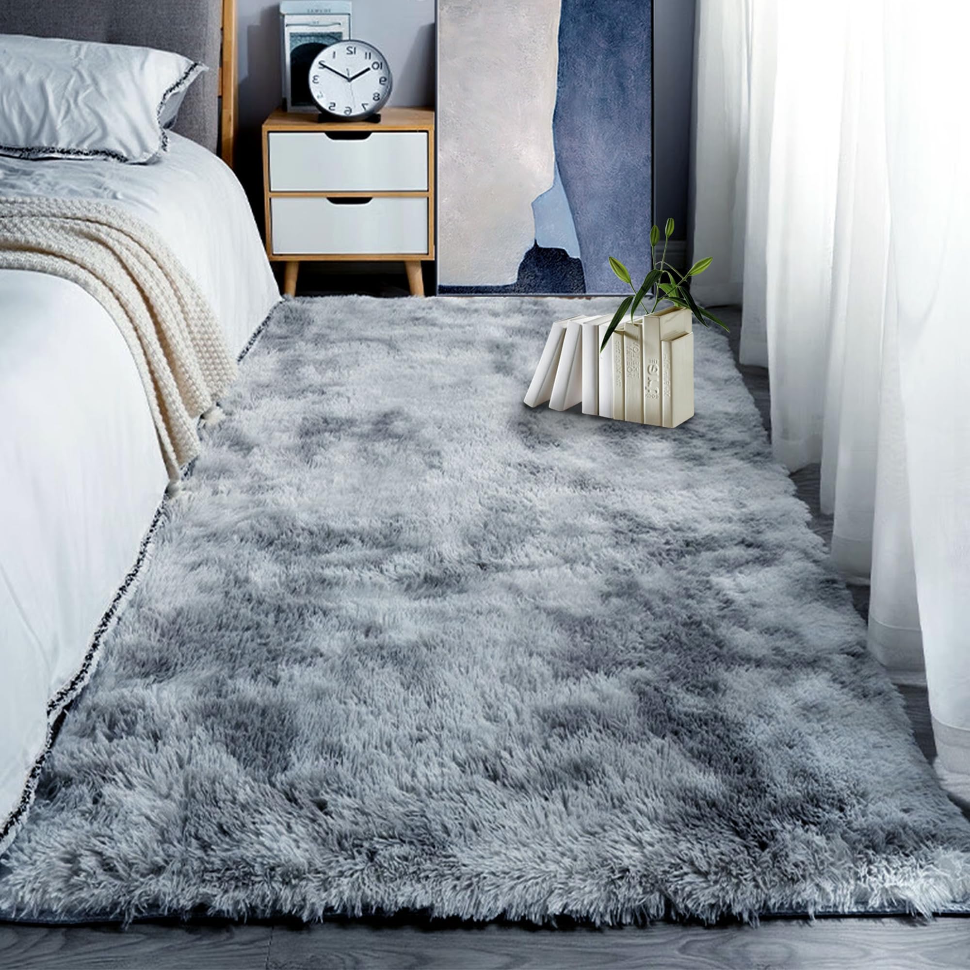 Tapis de salon gris clair 140x190 cm à poils longs moelleux et antidérapant XIAOMEI