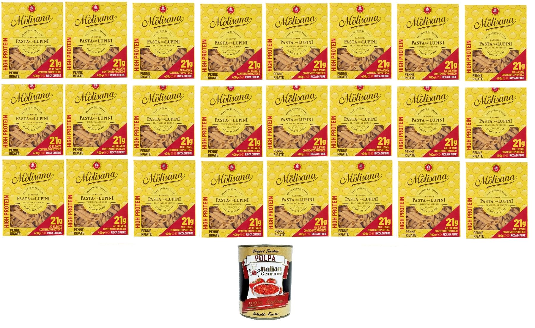 Italian Gourmet Penne rigate ai lupini - Pasta de proteínas (24 x 400 g) | Con farina di legumi y sémola de trigo duro, ideal cottura al dente, peso neto total 9,6 kg + Polpa 400 g