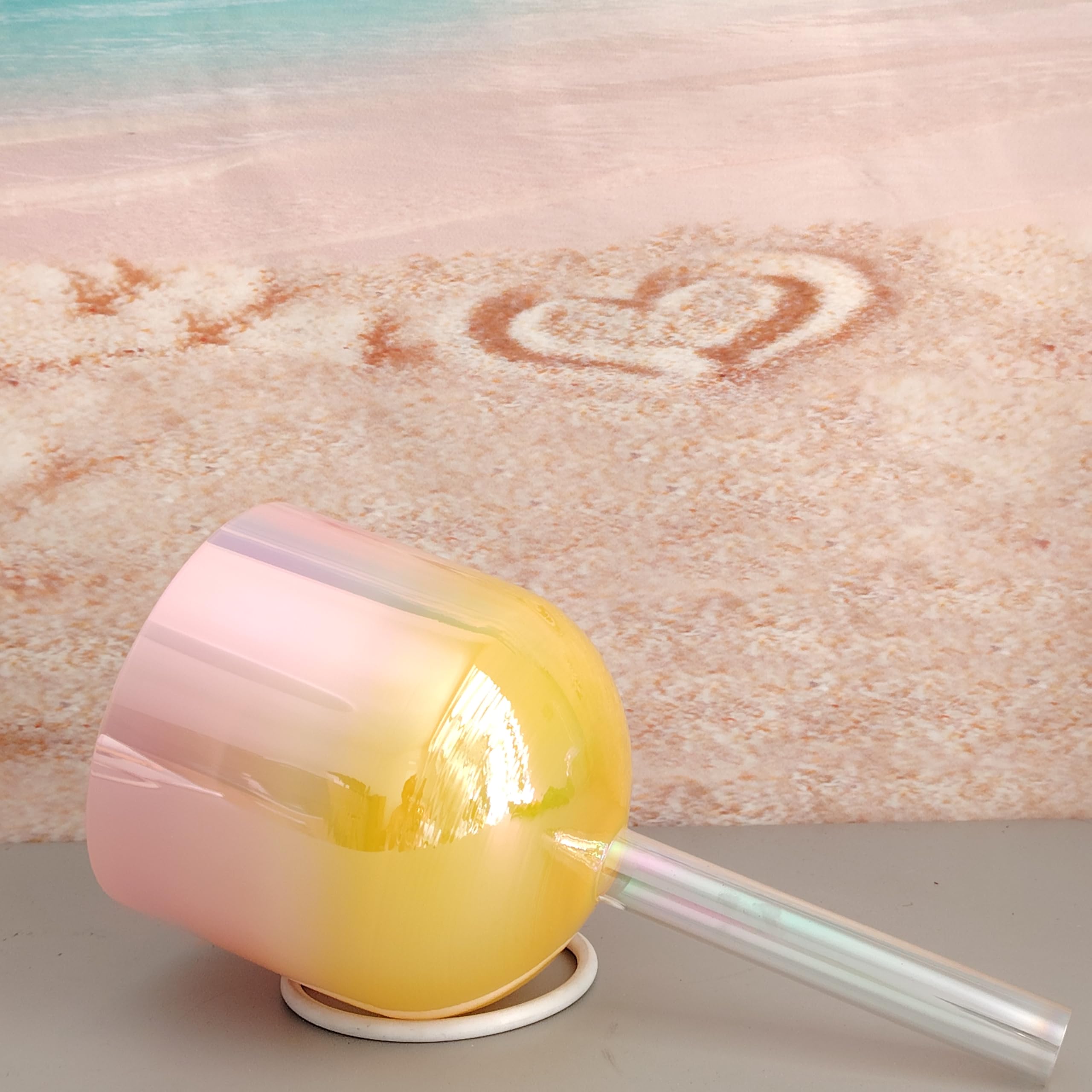 ENERGYSOUND Yellow Pink Alchemy Solid Handle Clear G# Zeal Chakra Quartz Crystal Singing Bowl 6 inch