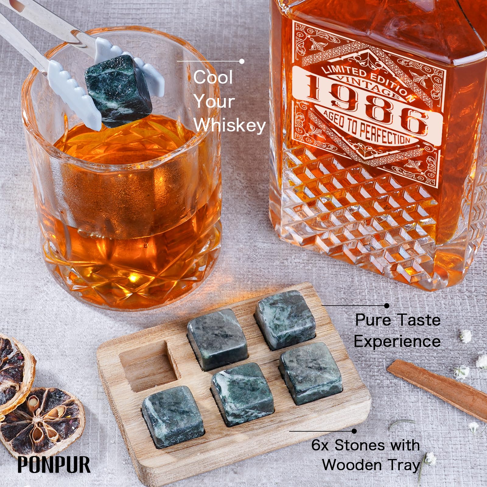 PONPUR 40th Birthday Gifts For Men Dad, 1986 Laser Whiskey Decanter Set with Gift Box, Anniversary Birthday Gift Ideas for Him Husband, 40 Years Bday Decorations, Whiskey Glasses & Whisky Stones Inc