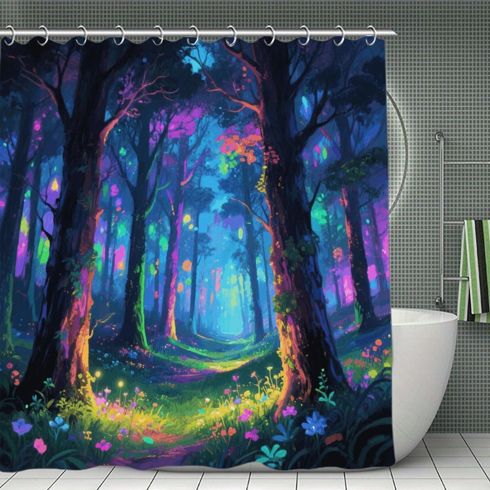 VstaDank Fluorescent Forest Shower Curtain Waterproof Bathroom Shower Curtain with C Type Hooks Soft Lightweight Shower Curtains Liner Washable Polyester Cloth Shower Liner 71x71 Inch