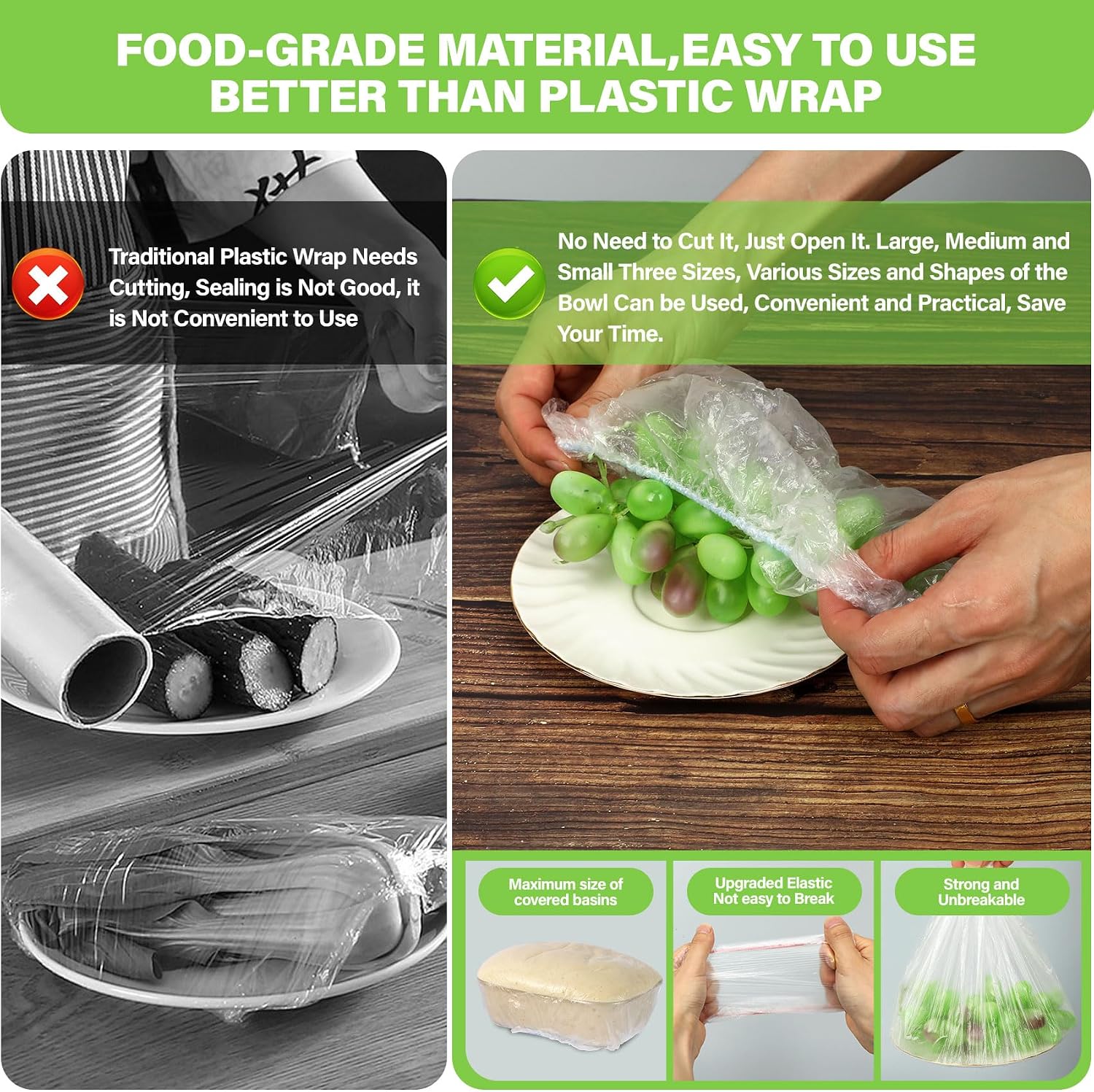 3rd Upgraded Plastic Bowl Covers, 100PCS Bowl Lids for Bread Proofing, 3 Sizes Plastic Covers for Bowls with Elastic, Food Grade Safe Material Food Lids, Reusable