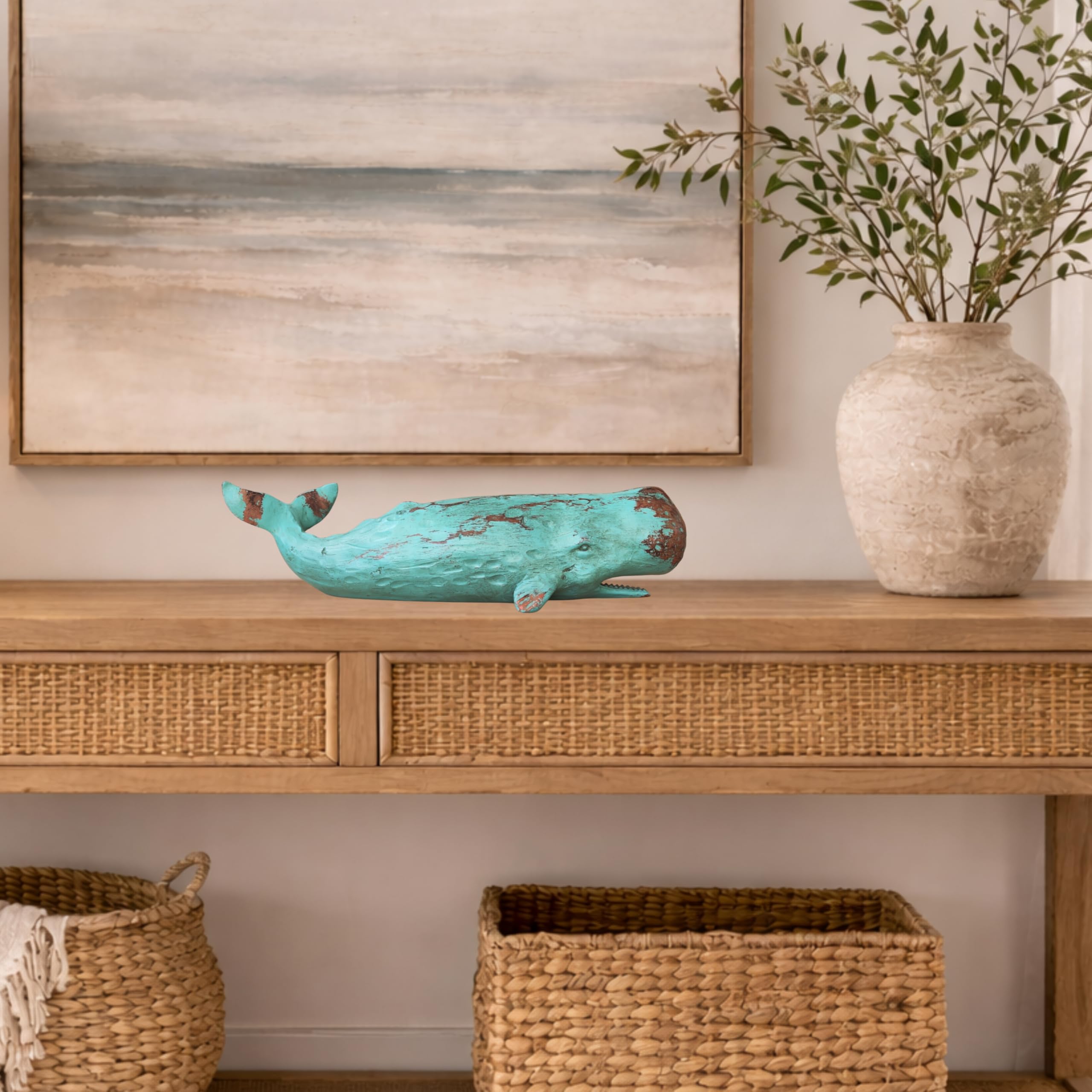 MichaelNoll Wal Dekofigur Statue Skulptur aus Polyresin - Maritim Deko für Wohnung in Holz-Optik Grün - Dekoration modern für Wohnzimmer, Schlafzimmer oder Badezimmer - 40x12,8x11,5 cm